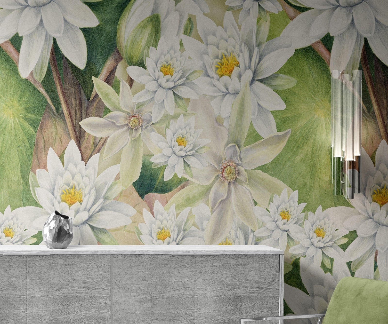 Mural de pared con flores botánicas. Ilustración a lápiz de color de un jardín de flores. Papel tapiz autoadhesivo. Flores botánicas del paraíso y hojas sobre fondo negro. #6426
