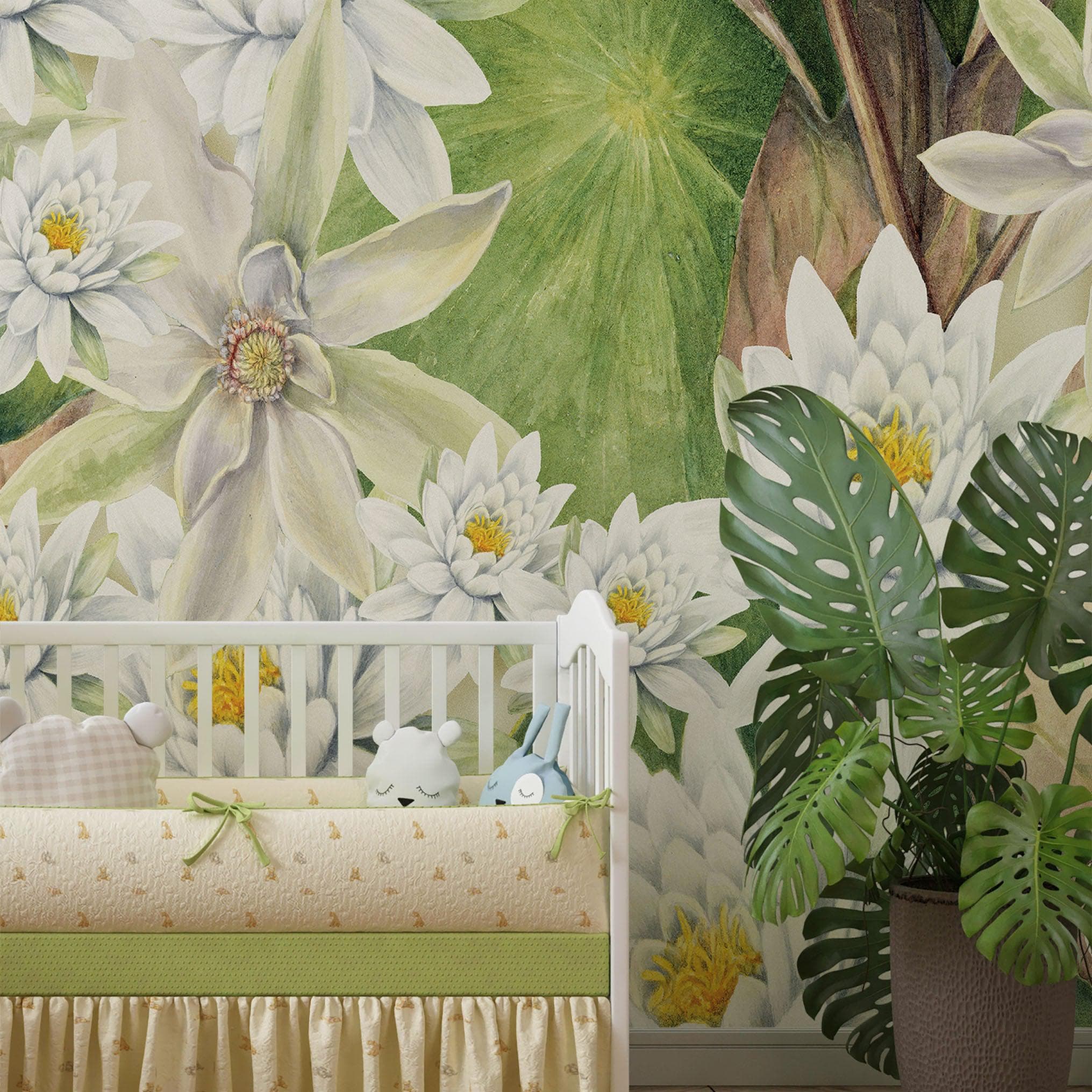 Mural de pared con flores botánicas. Ilustración a lápiz de color de un jardín de flores. Papel tapiz autoadhesivo. Flores botánicas del paraíso y hojas sobre fondo negro. #6426