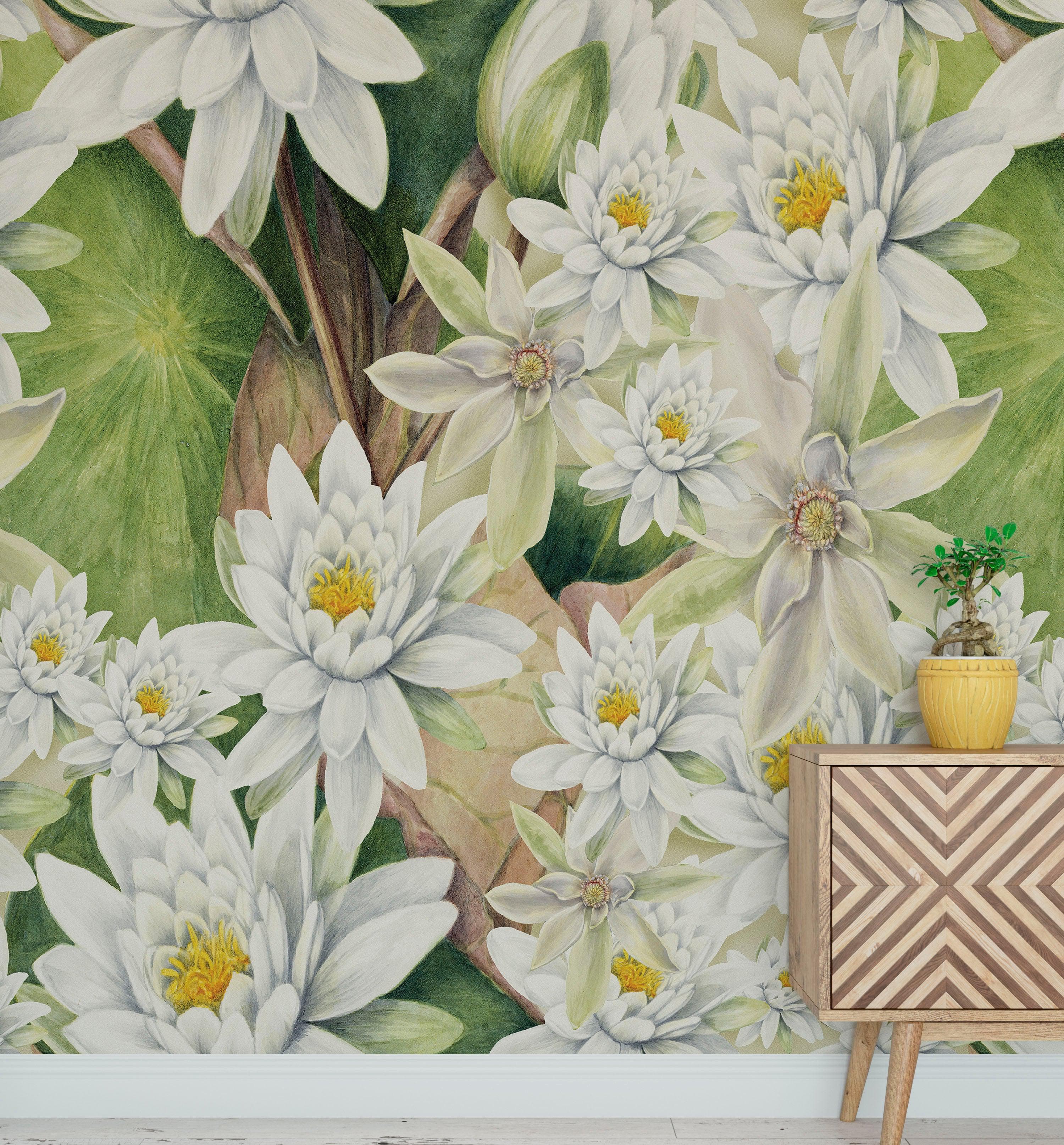 Mural de pared con flores botánicas. Ilustración a lápiz de color de un jardín de flores. Papel tapiz autoadhesivo. Flores botánicas del paraíso y hojas sobre fondo negro. #6426