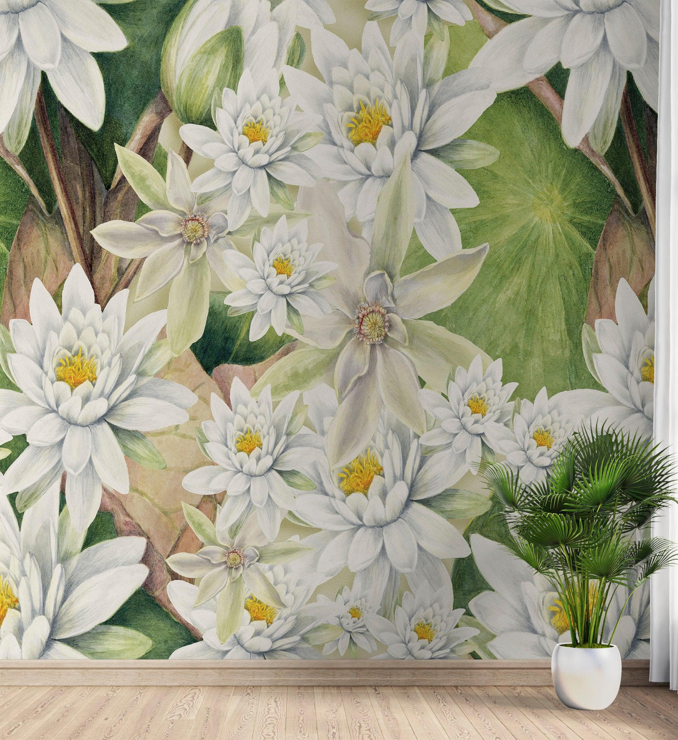 Mural de pared con flores botánicas. Ilustración a lápiz de color de un jardín de flores. Papel tapiz autoadhesivo. Flores botánicas del paraíso y hojas sobre fondo negro. #6426