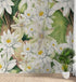 Mural de pared con flores botánicas. Ilustración a lápiz de color de un jardín de flores. Papel tapiz autoadhesivo. Flores botánicas del paraíso y hojas sobre fondo negro. #6426