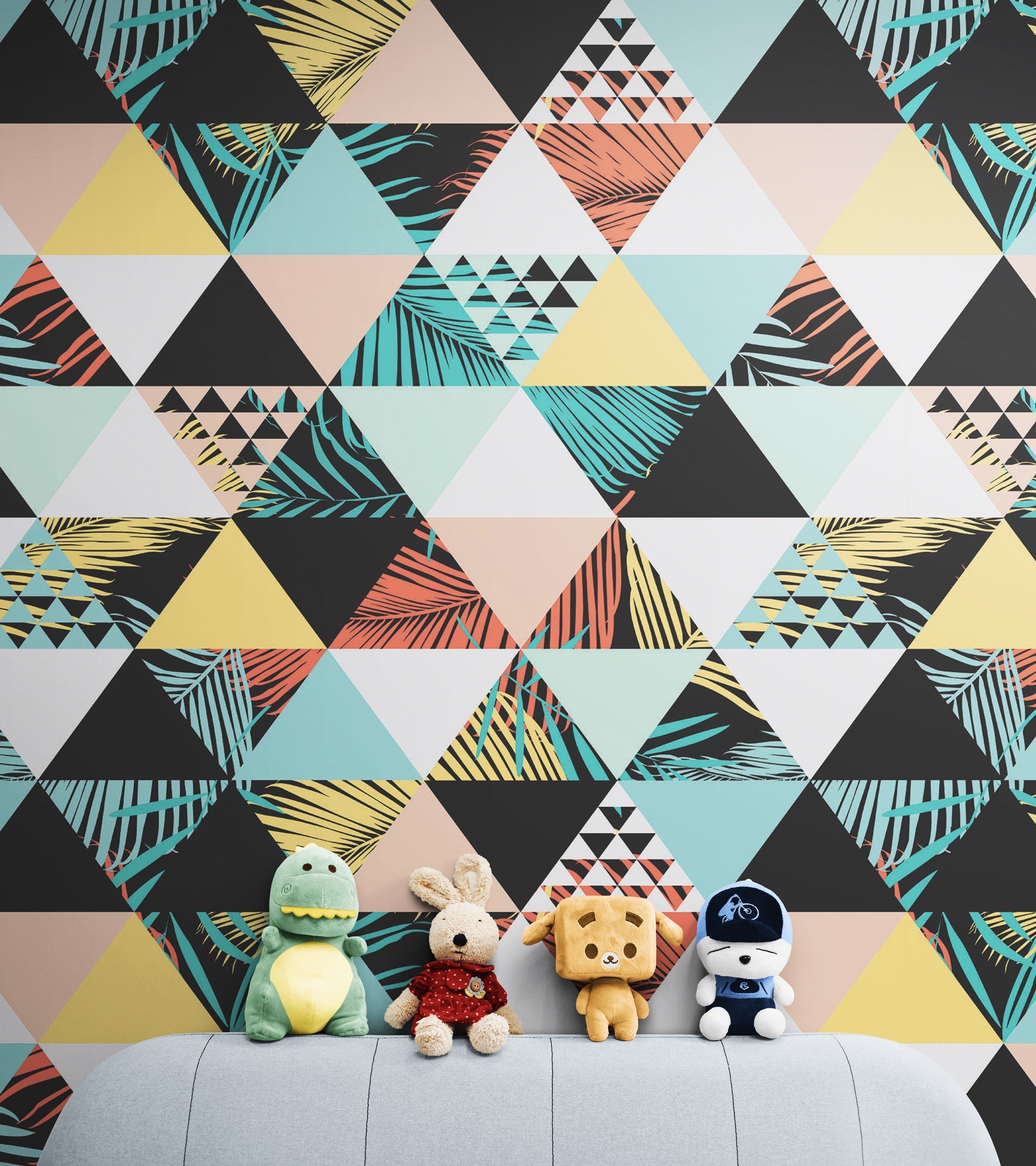 Mural de pared con diseño geométrico abstracto de hojas de palmera y triángulos. #6431