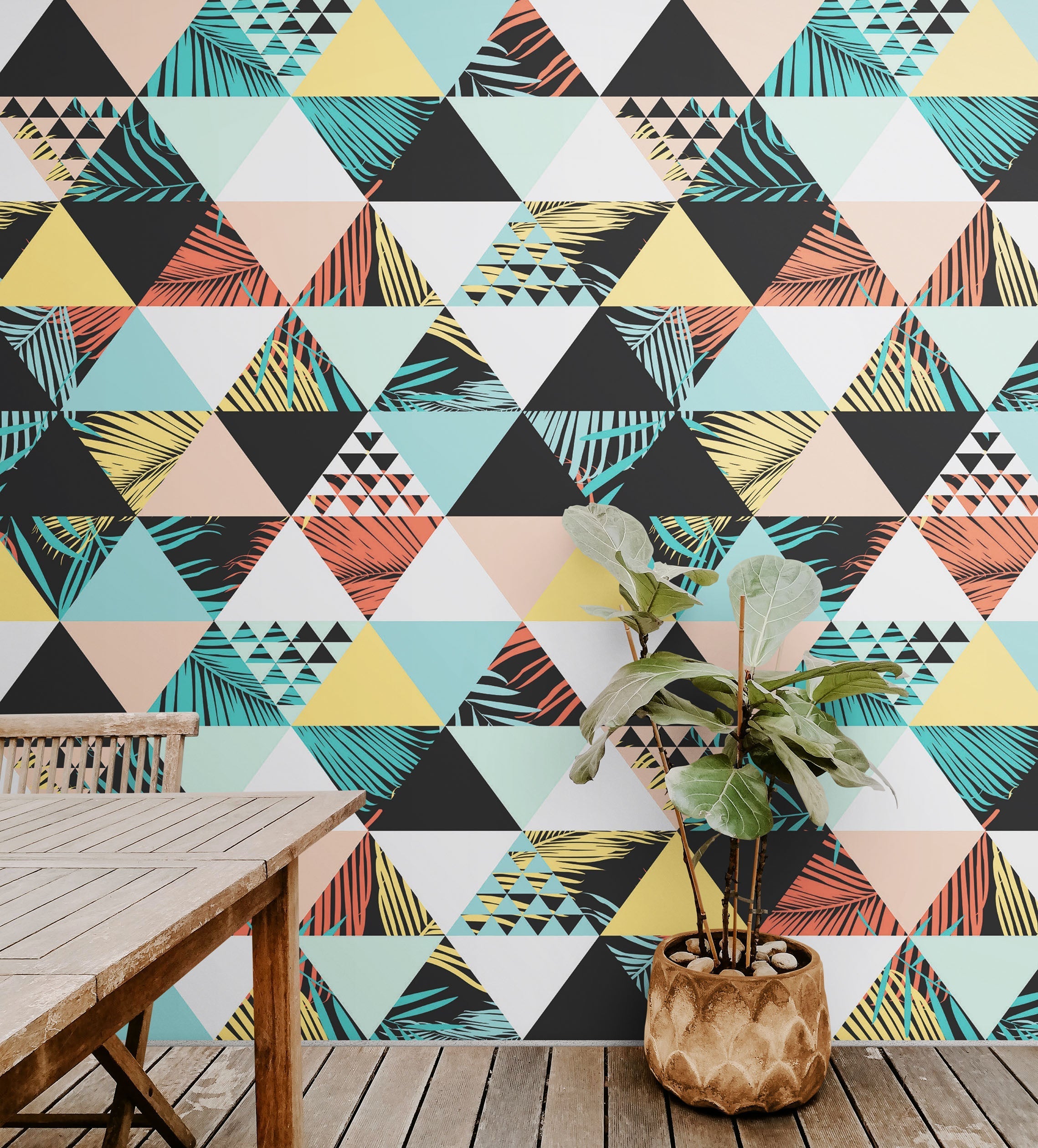 Mural de pared con diseño geométrico abstracto de hojas de palmera y triángulos. #6431
