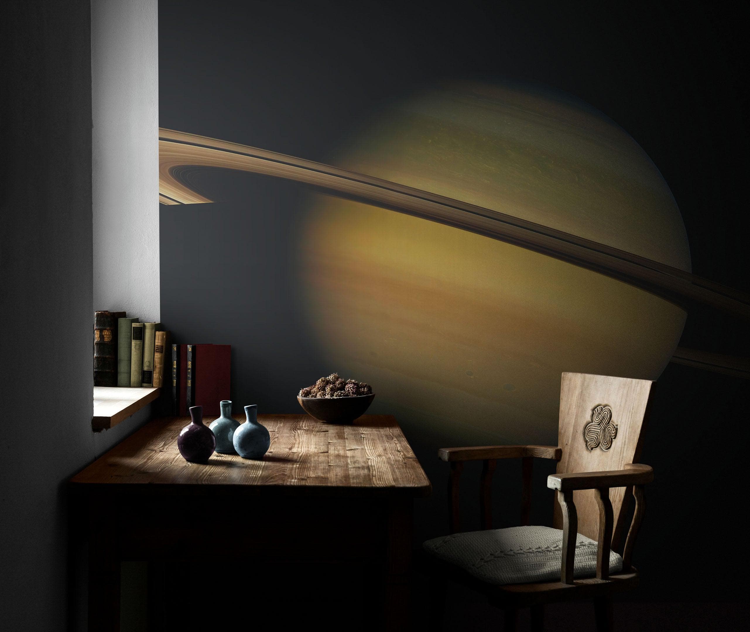Mural de pared con los anillos de Saturno. Papel tapiz despegable y adhesivo con temática espacial. #6432