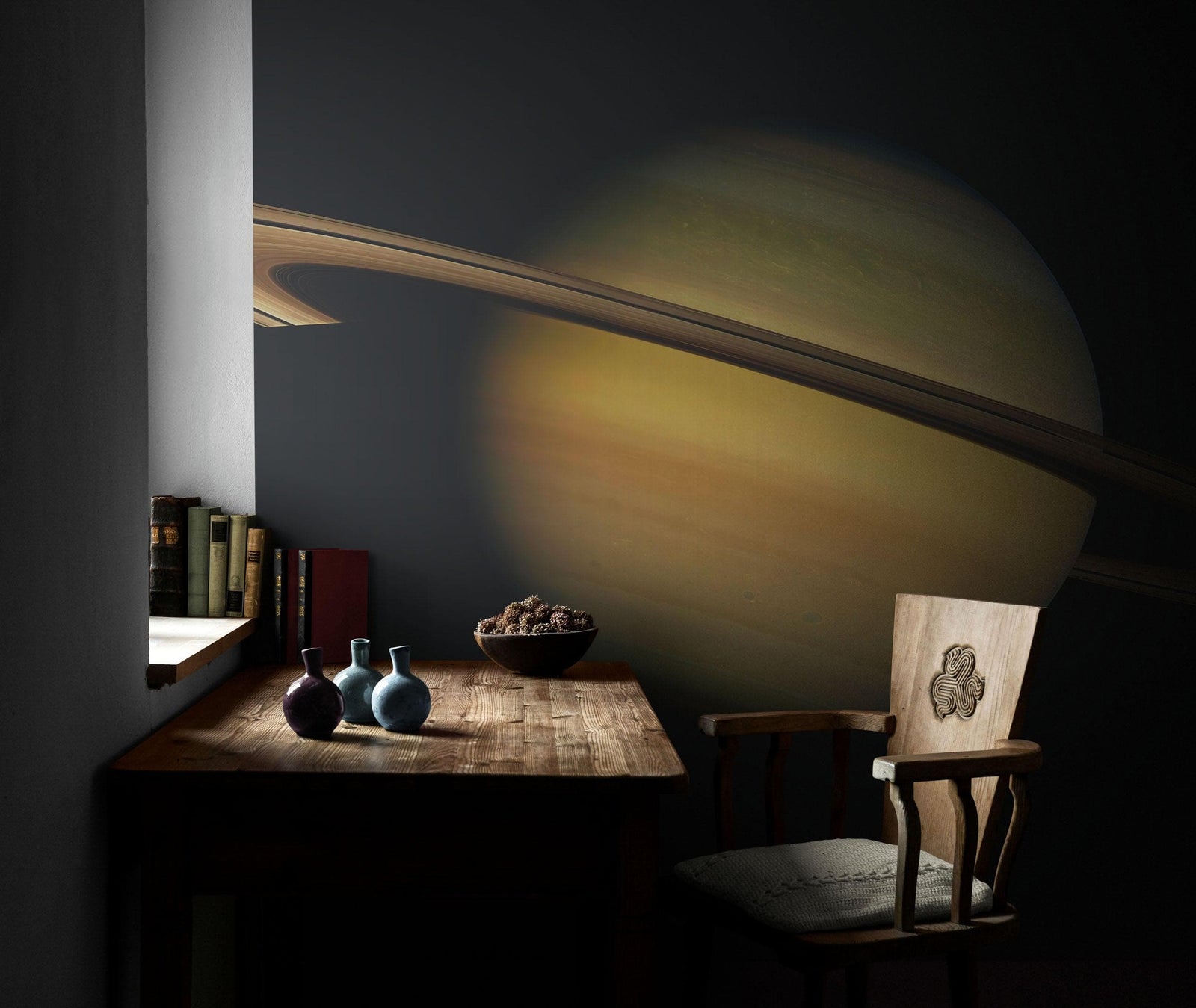 Mural de pared con los anillos de Saturno. Papel tapiz despegable y adhesivo con temática espacial. #6432
