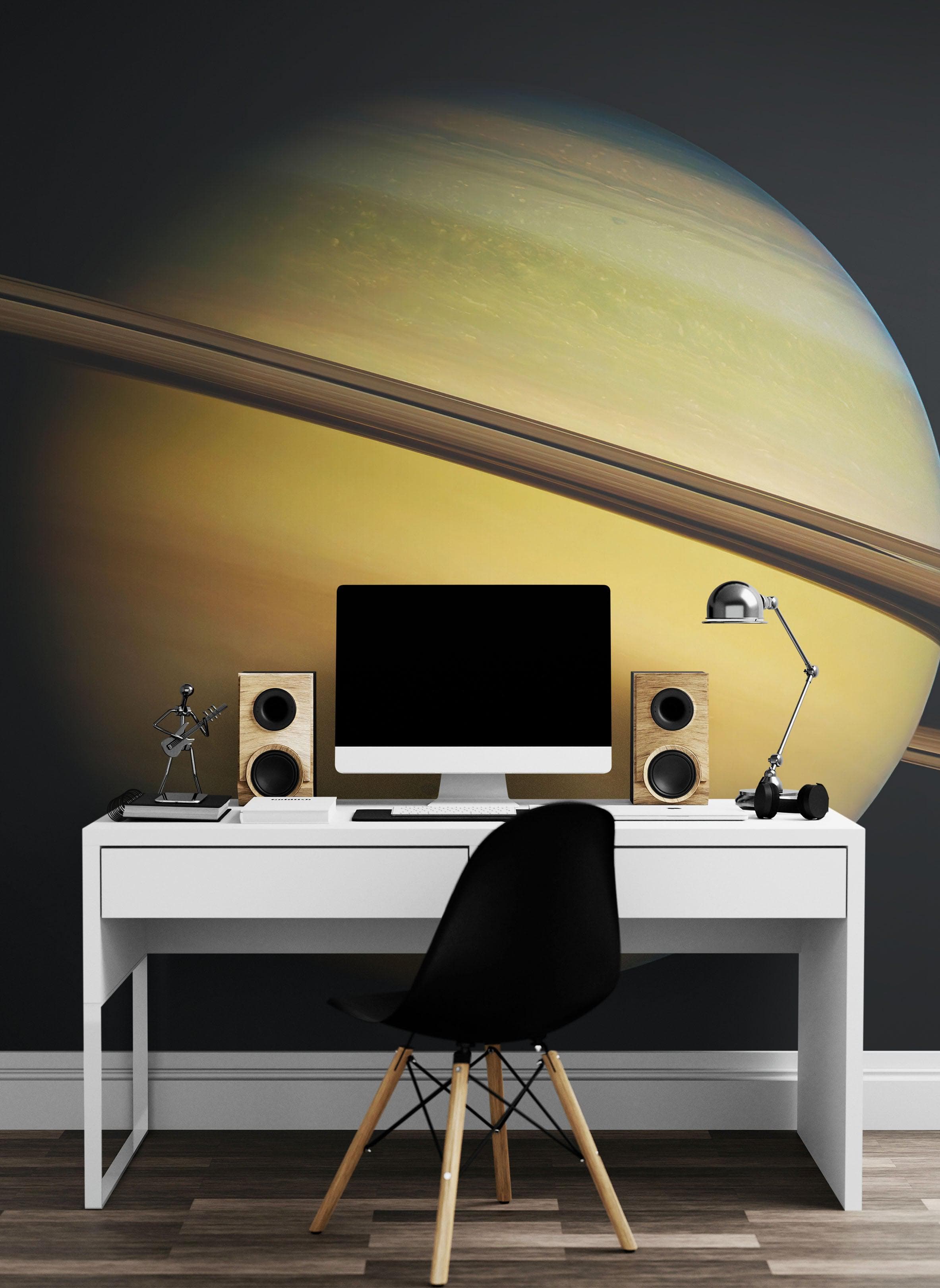 Mural de pared con los anillos de Saturno. Papel tapiz despegable y adhesivo con temática espacial. #6432
