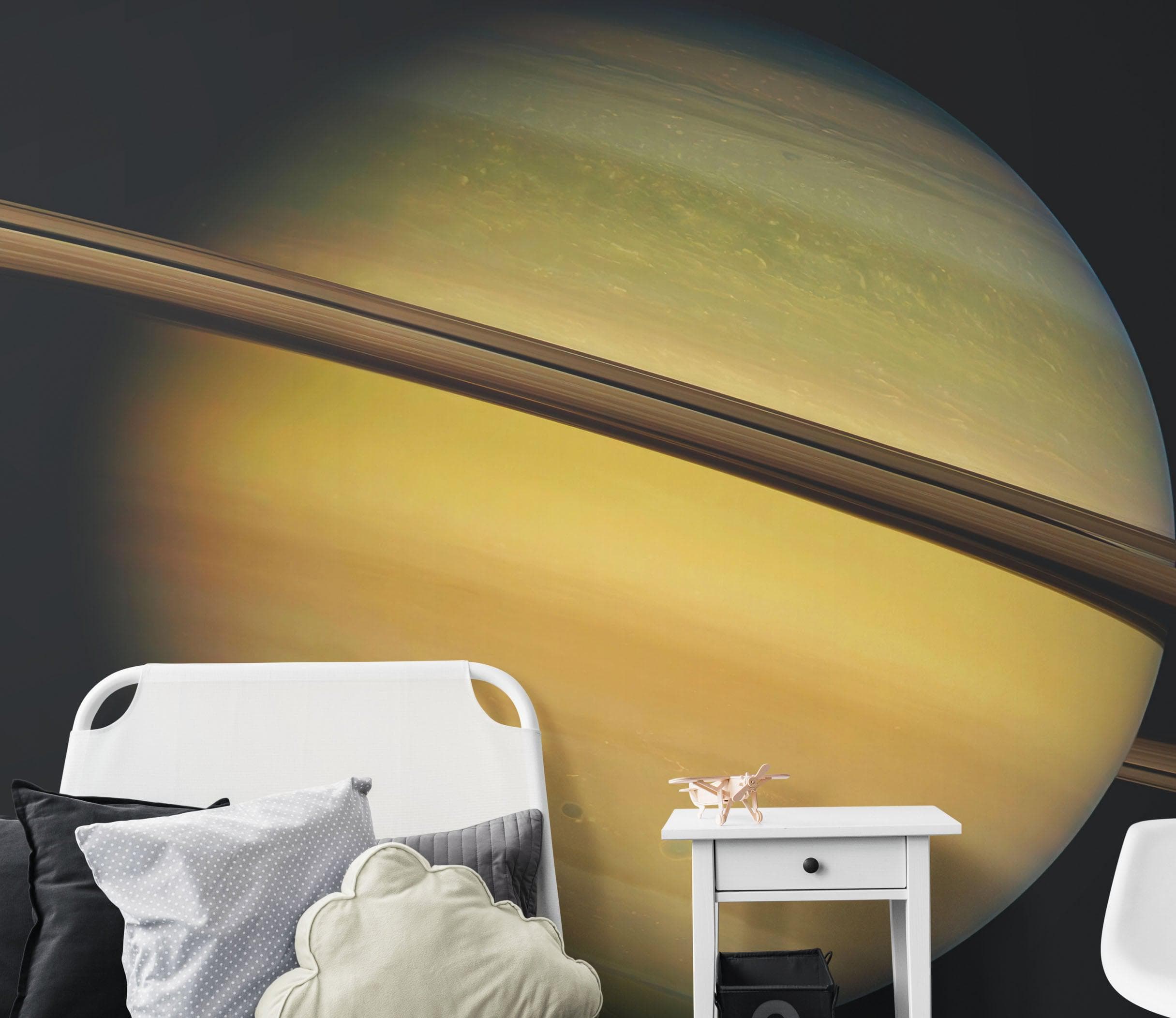 Mural de pared con los anillos de Saturno. Papel tapiz despegable y adhesivo con temática espacial. #6432