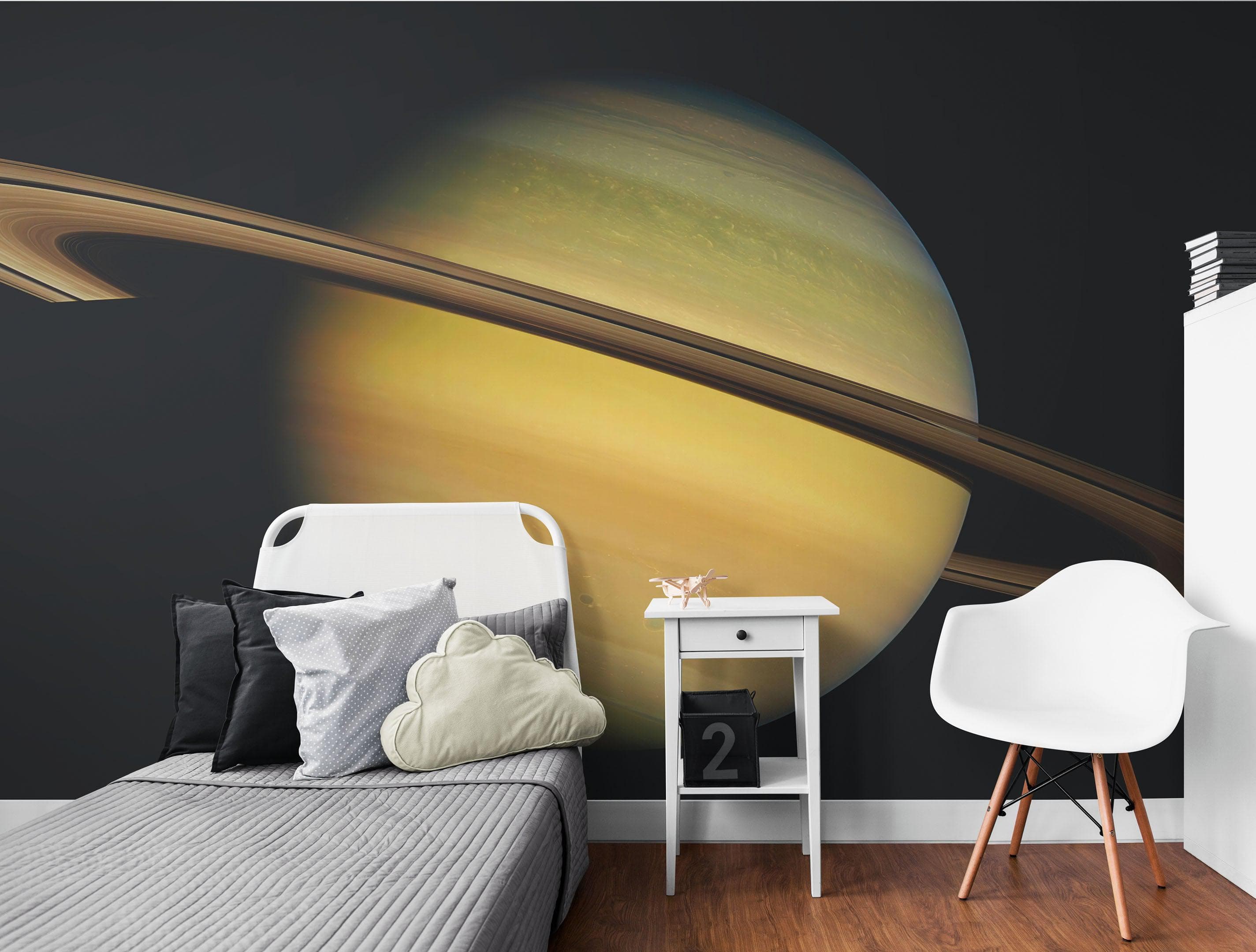 Mural de pared con los anillos de Saturno. Papel tapiz despegable y adhesivo con temática espacial. #6432