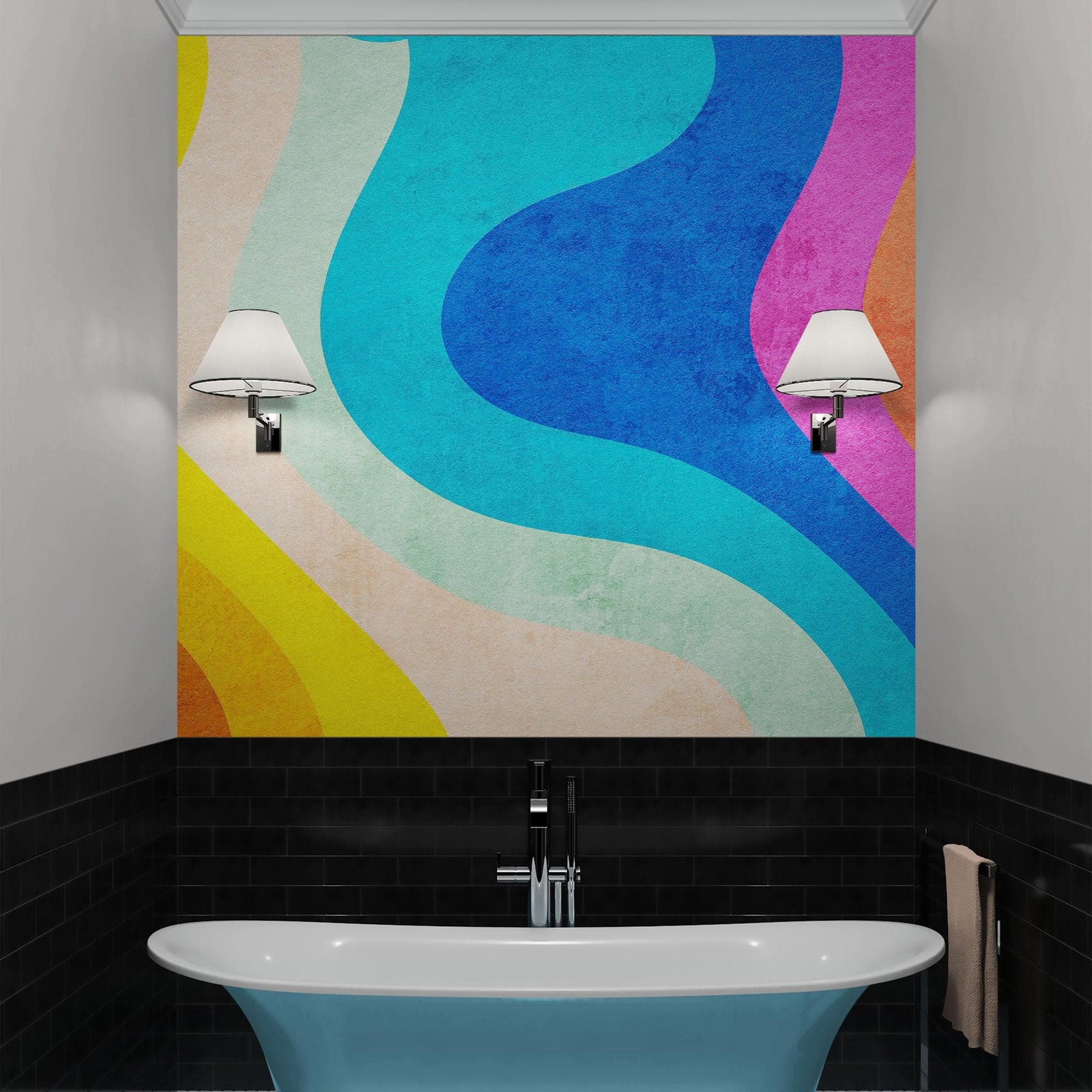 Mural de pared con patrón de curvas de colores del arco iris retro abstracto. #6433