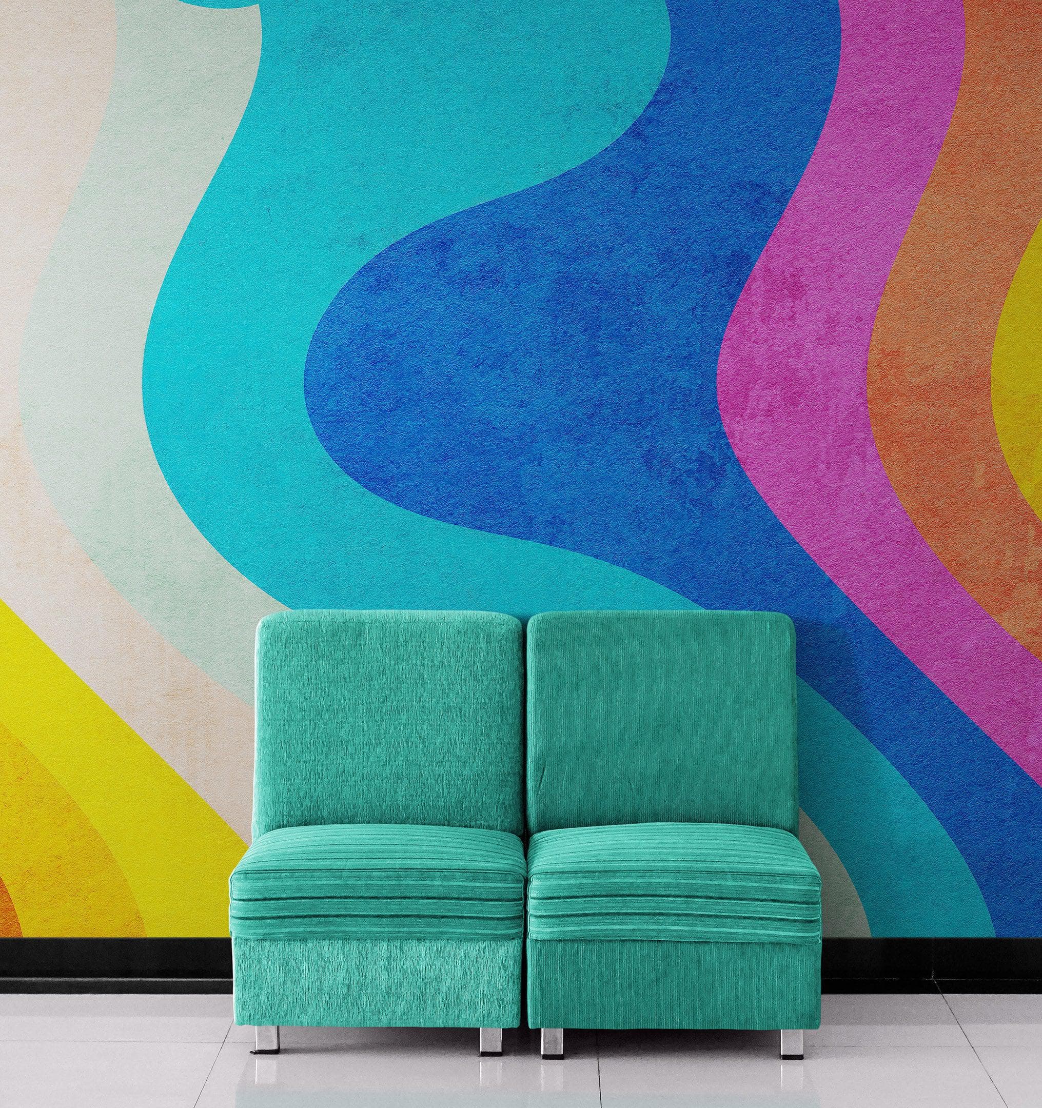 Mural de pared con patrón de curvas de colores del arco iris retro abstracto. #6433