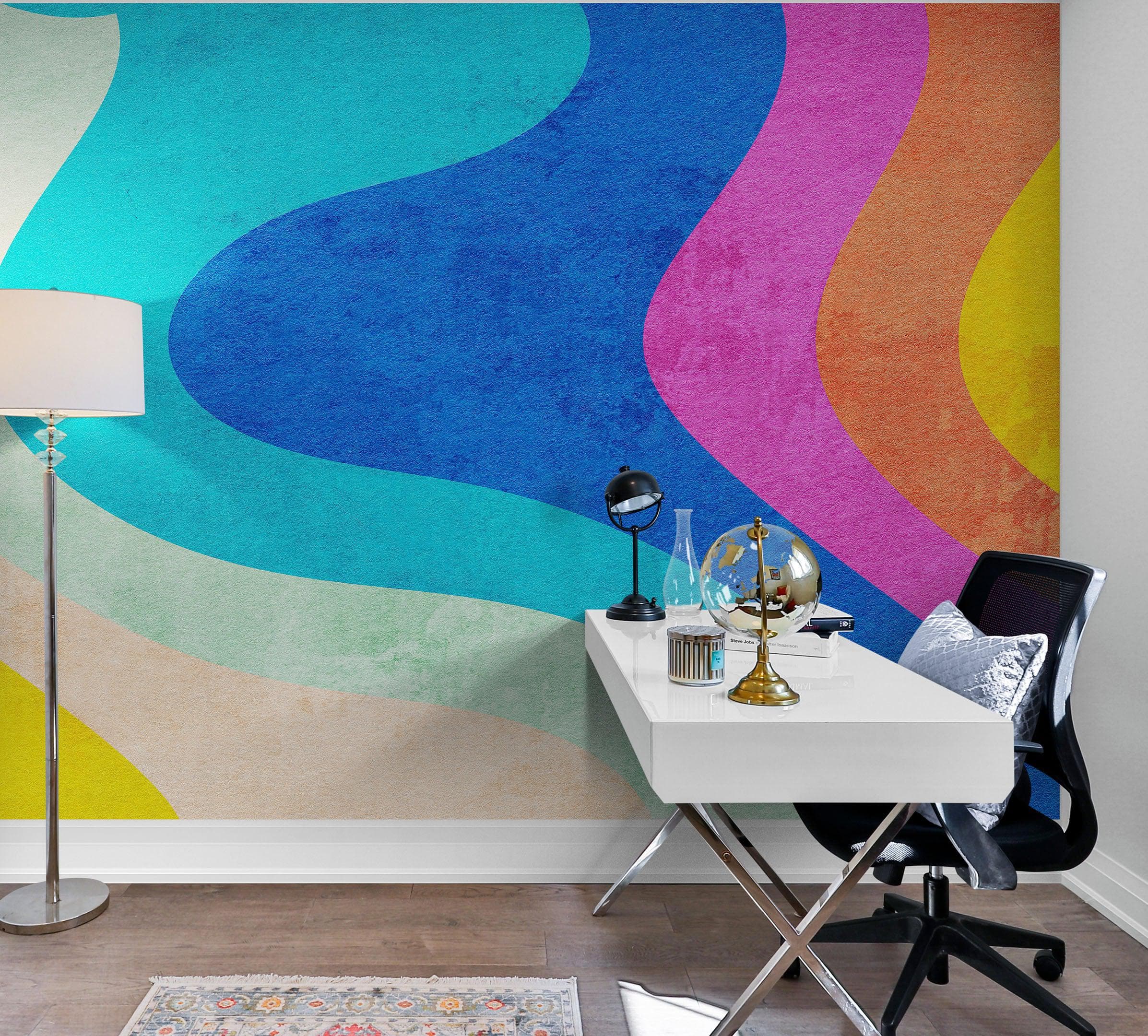 Mural de pared con patrón de curvas de colores del arco iris retro abstracto. #6433