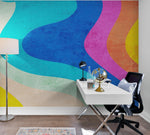 Mural de pared con patrón de curvas de colores del arco iris retro abstracto. #6433