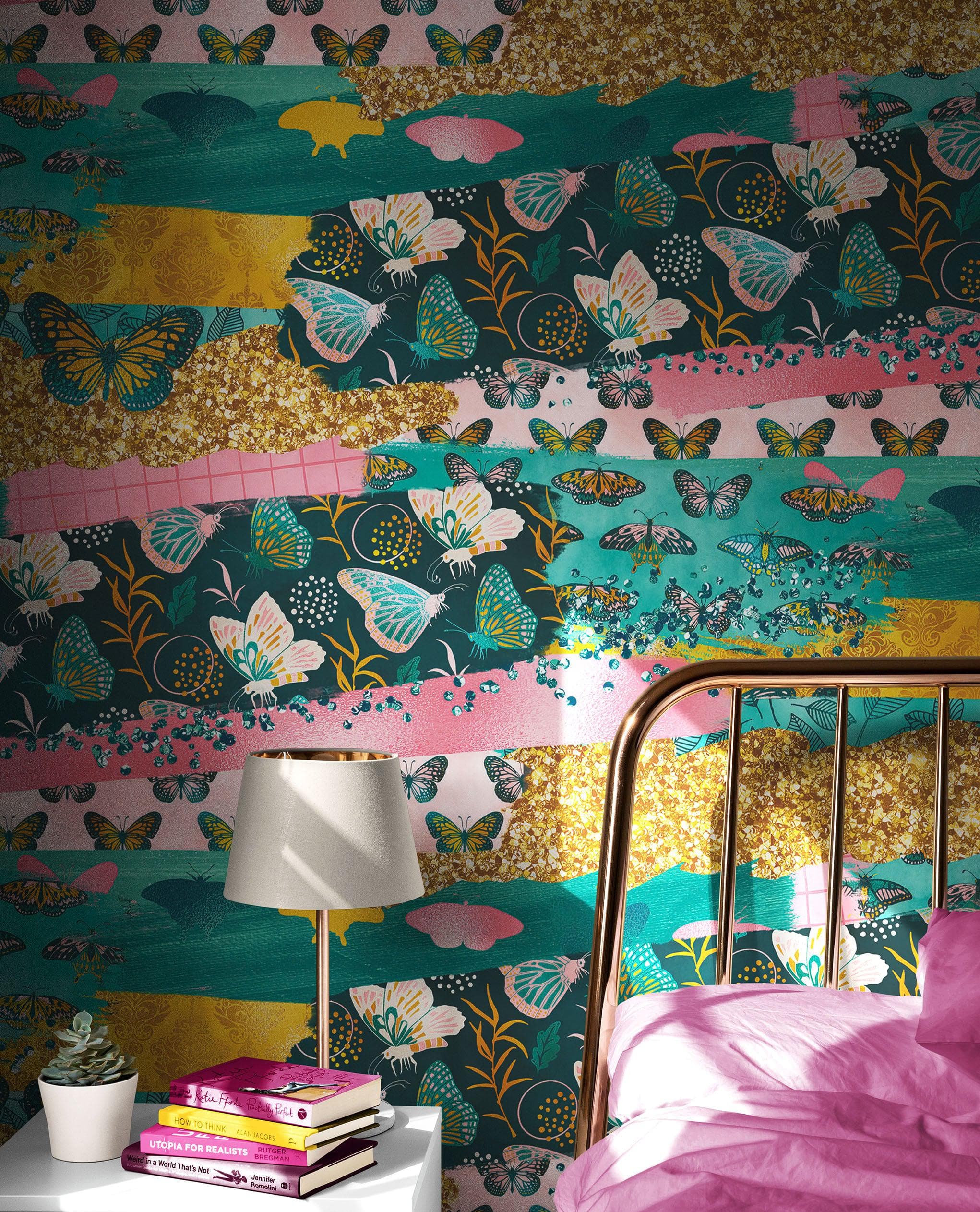 Mural de pared con diseño abstracto de mariposas rosas. Diseño retro con ilustración en color rosa. #6434