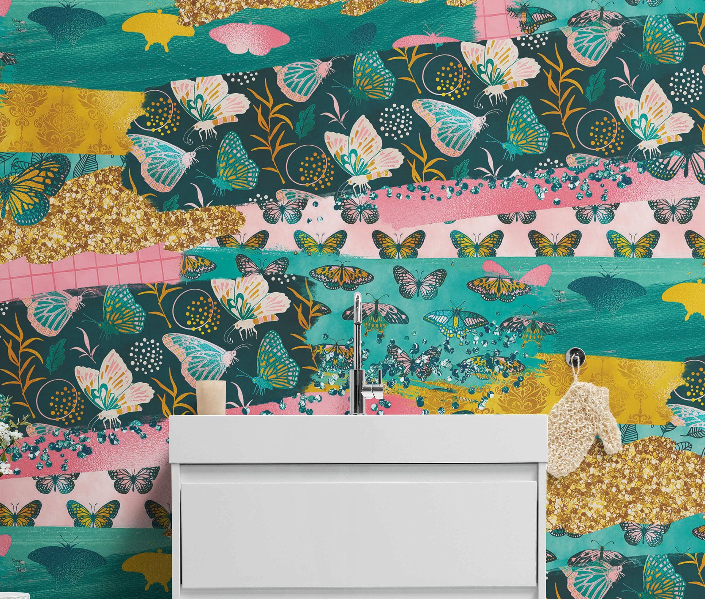 Mural de pared con diseño abstracto de mariposas rosas. Diseño retro con ilustración en color rosa. #6434