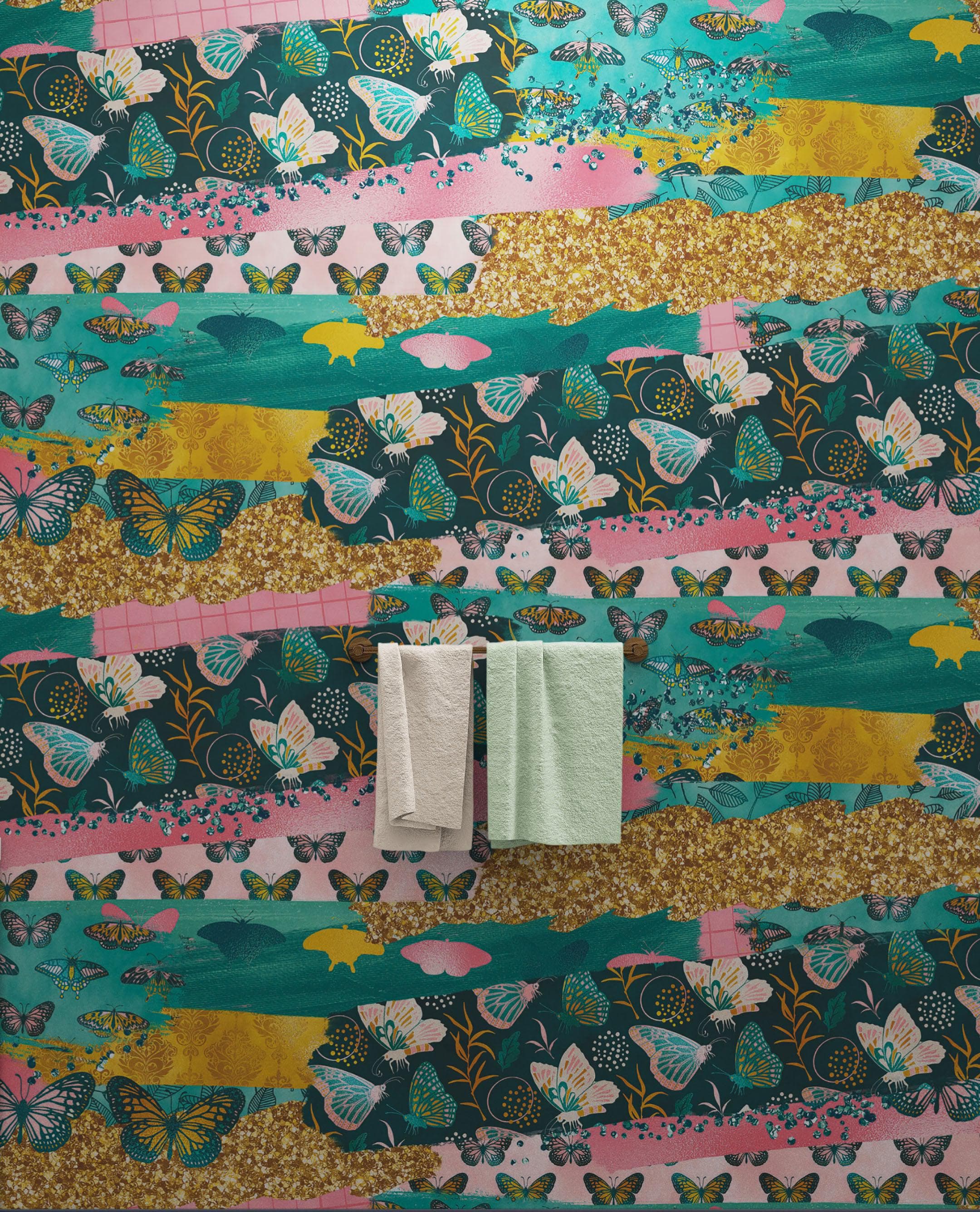 Mural de pared con diseño abstracto de mariposas rosas. Diseño retro con ilustración en color rosa. #6434