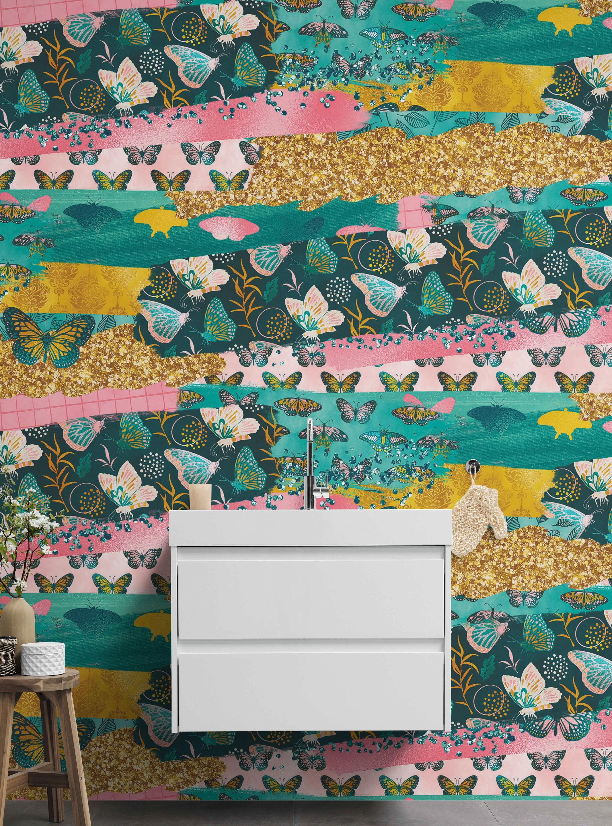 Mural de pared con diseño abstracto de mariposas rosas. Diseño retro con ilustración en color rosa. #6434