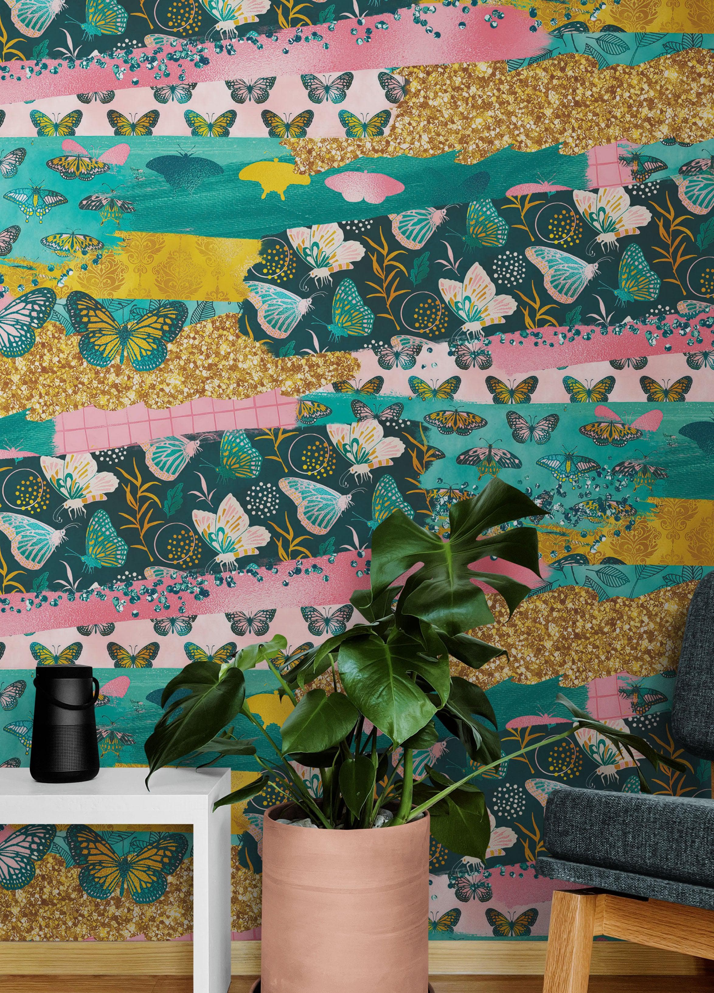 Mural de pared con diseño abstracto de mariposas rosas. Diseño retro con ilustración en color rosa. #6434