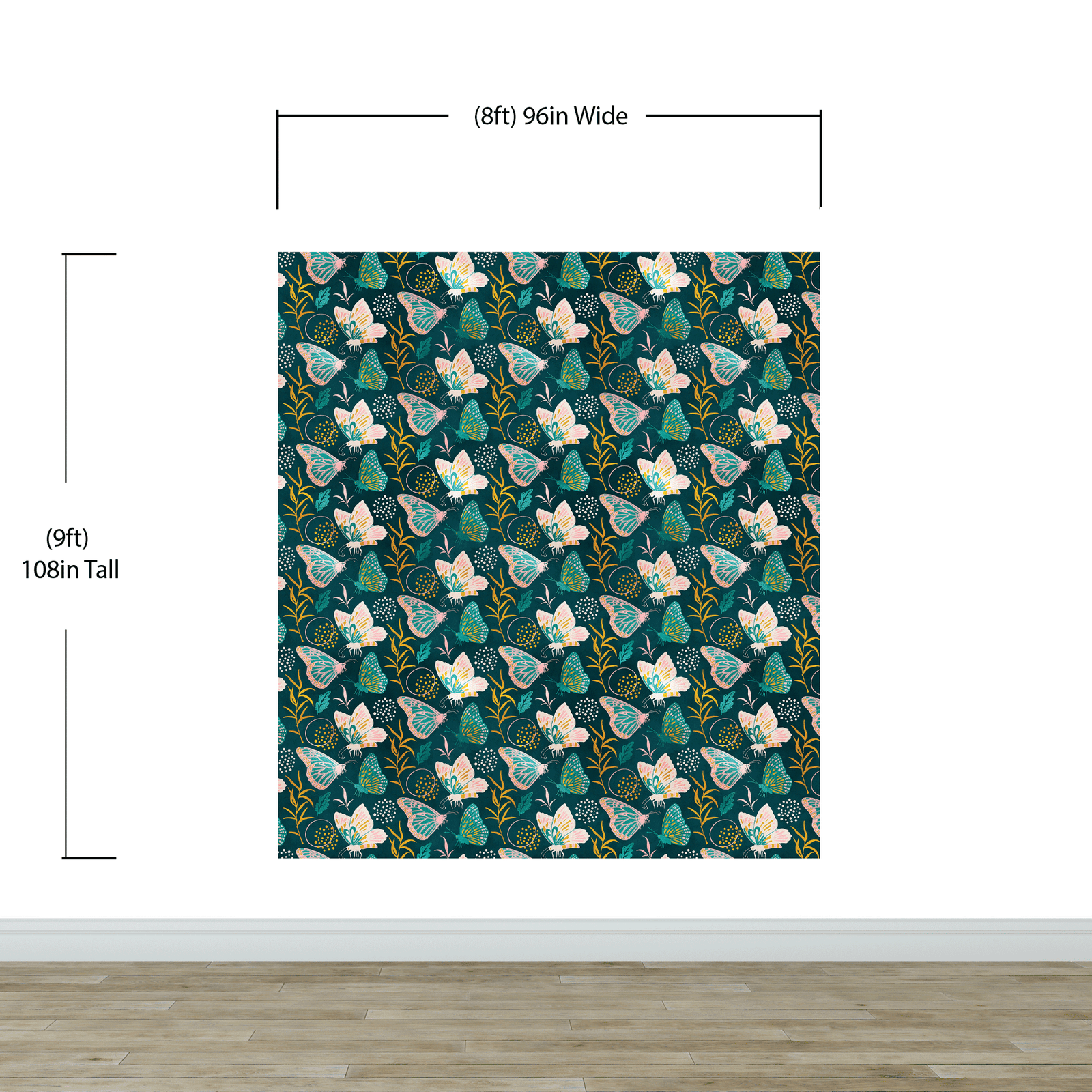 Butterfly Pattern Wall Mural. Retro Green and Gold Color Illustration Design. Bedroom, Nursery, Home Decor. #6435
