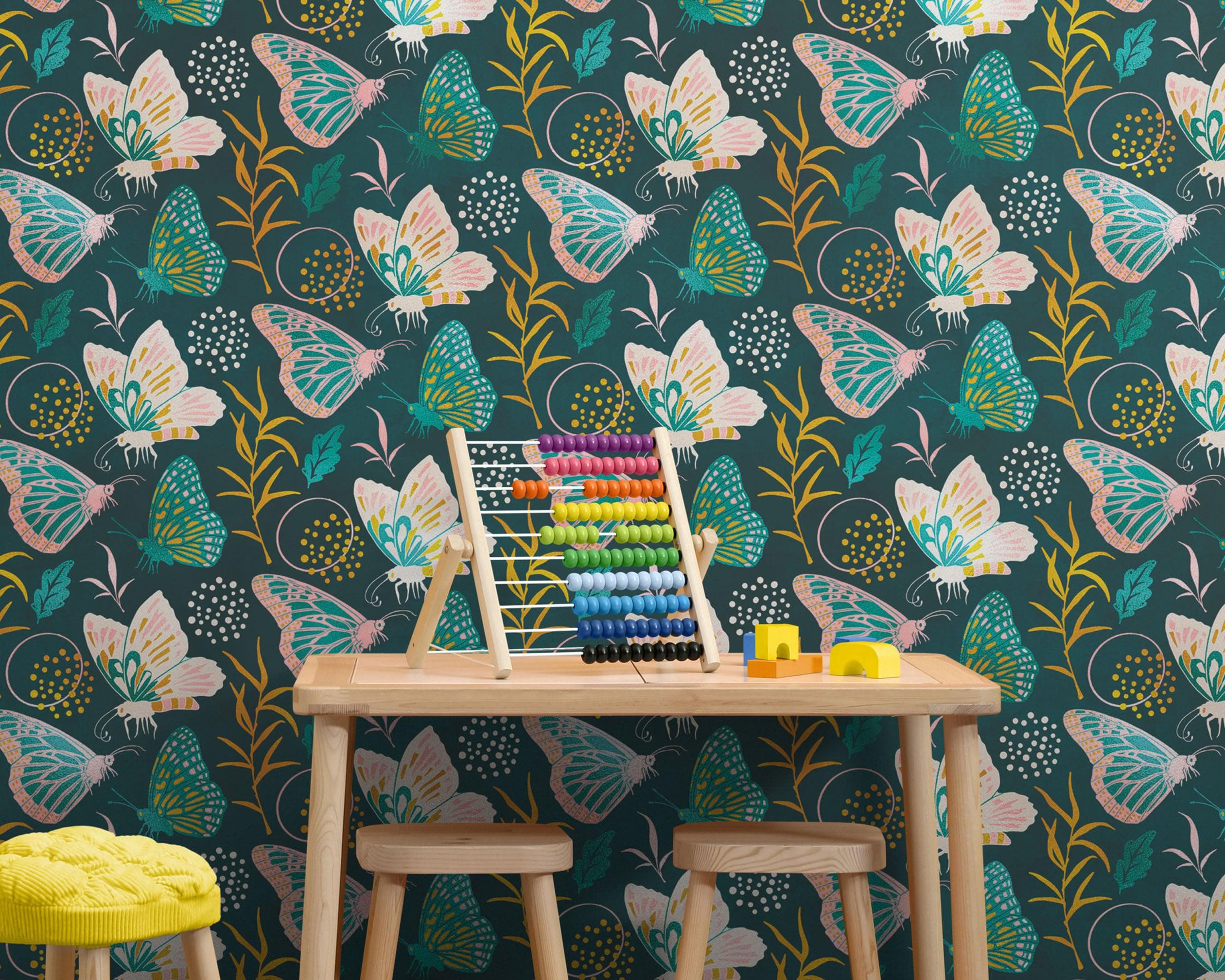 Mural de pared con estampado de mariposas. Diseño retro en colores verde y dorado. Decoración para dormitorio, guardería y hogar. N.º 6435
