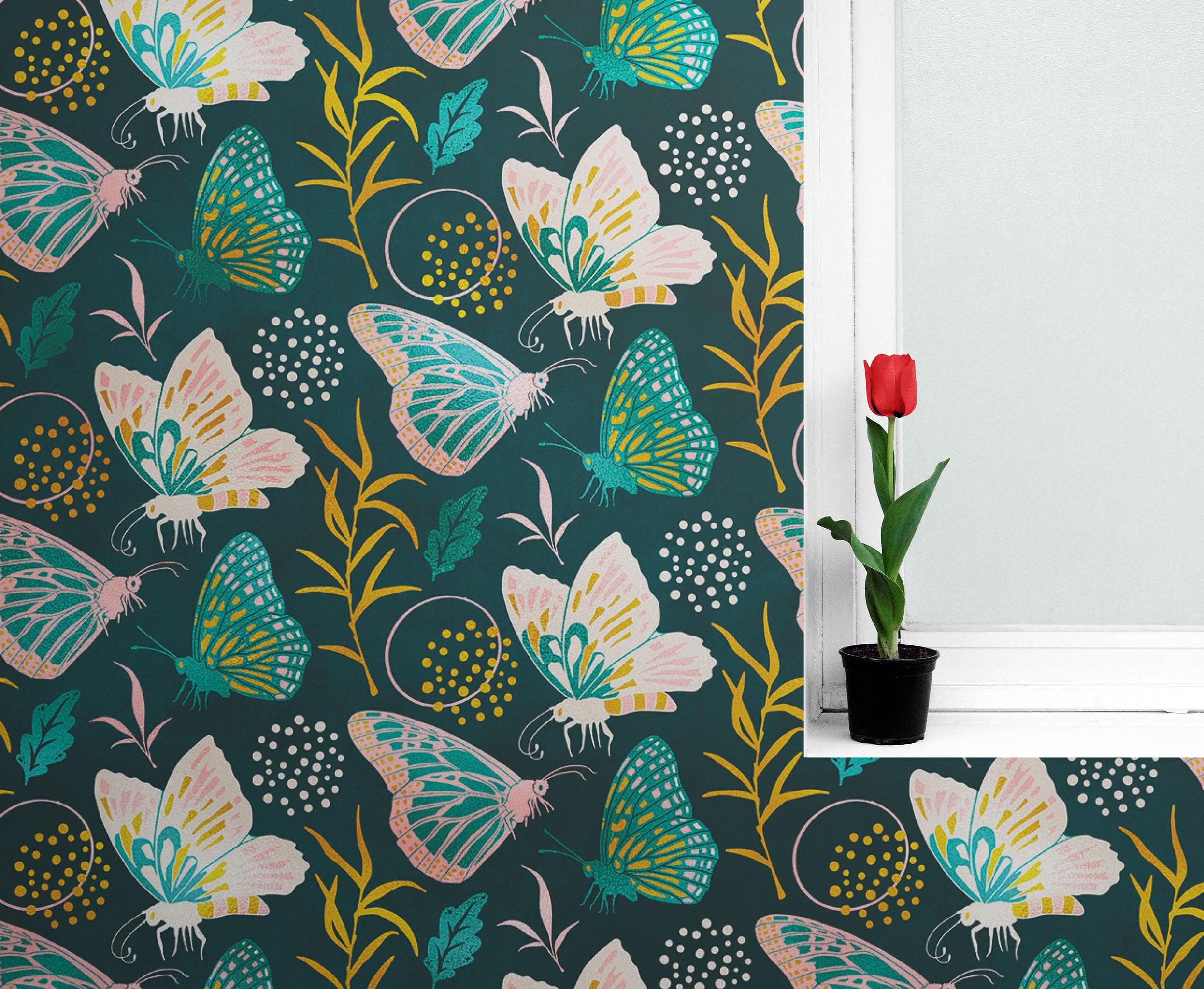 Mural de pared con estampado de mariposas. Diseño retro en colores verde y dorado. Decoración para dormitorio, guardería y hogar. N.º 6435
