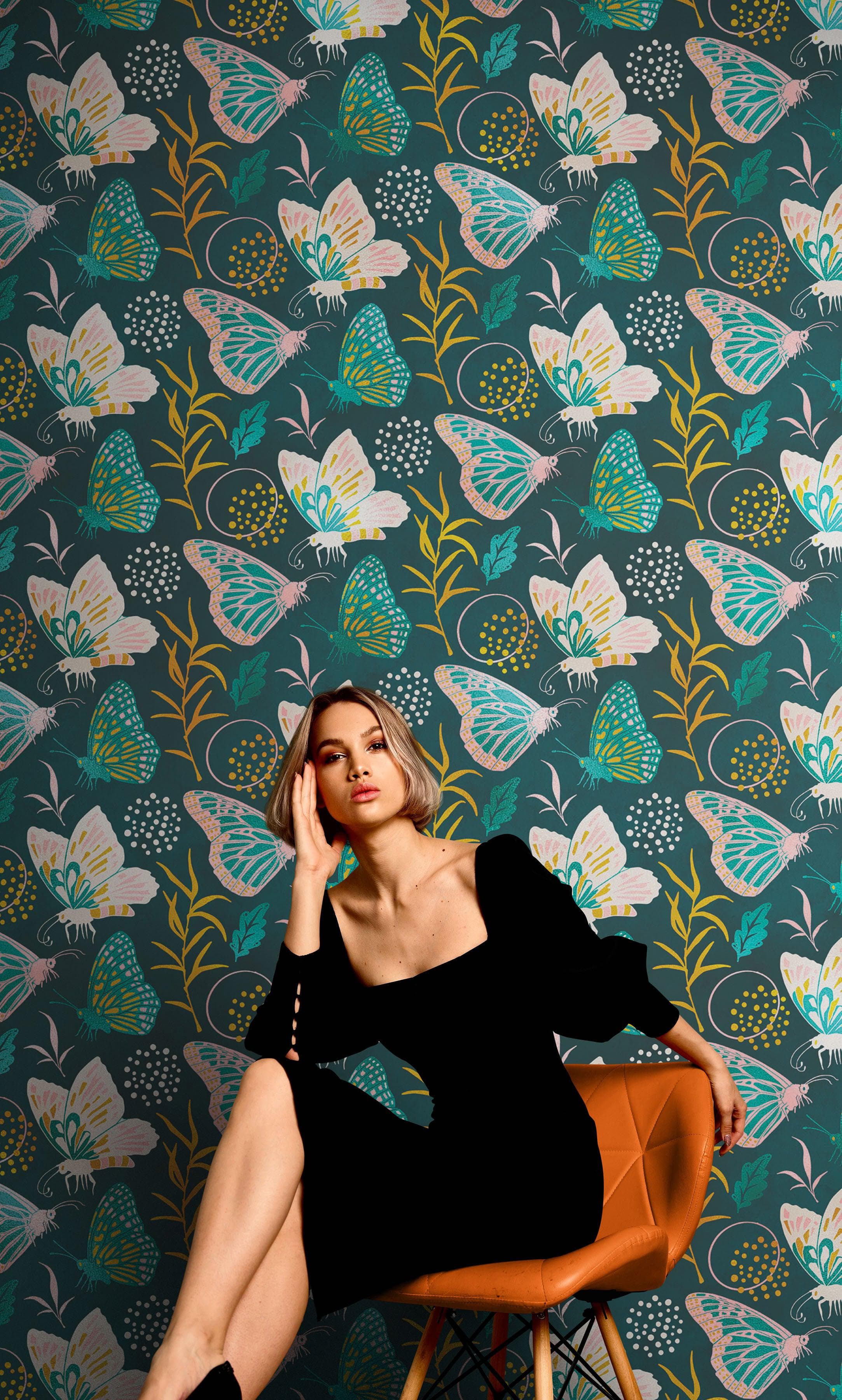 Mural de pared con estampado de mariposas. Diseño retro en colores verde y dorado. Decoración para dormitorio, guardería y hogar. N.º 6435
