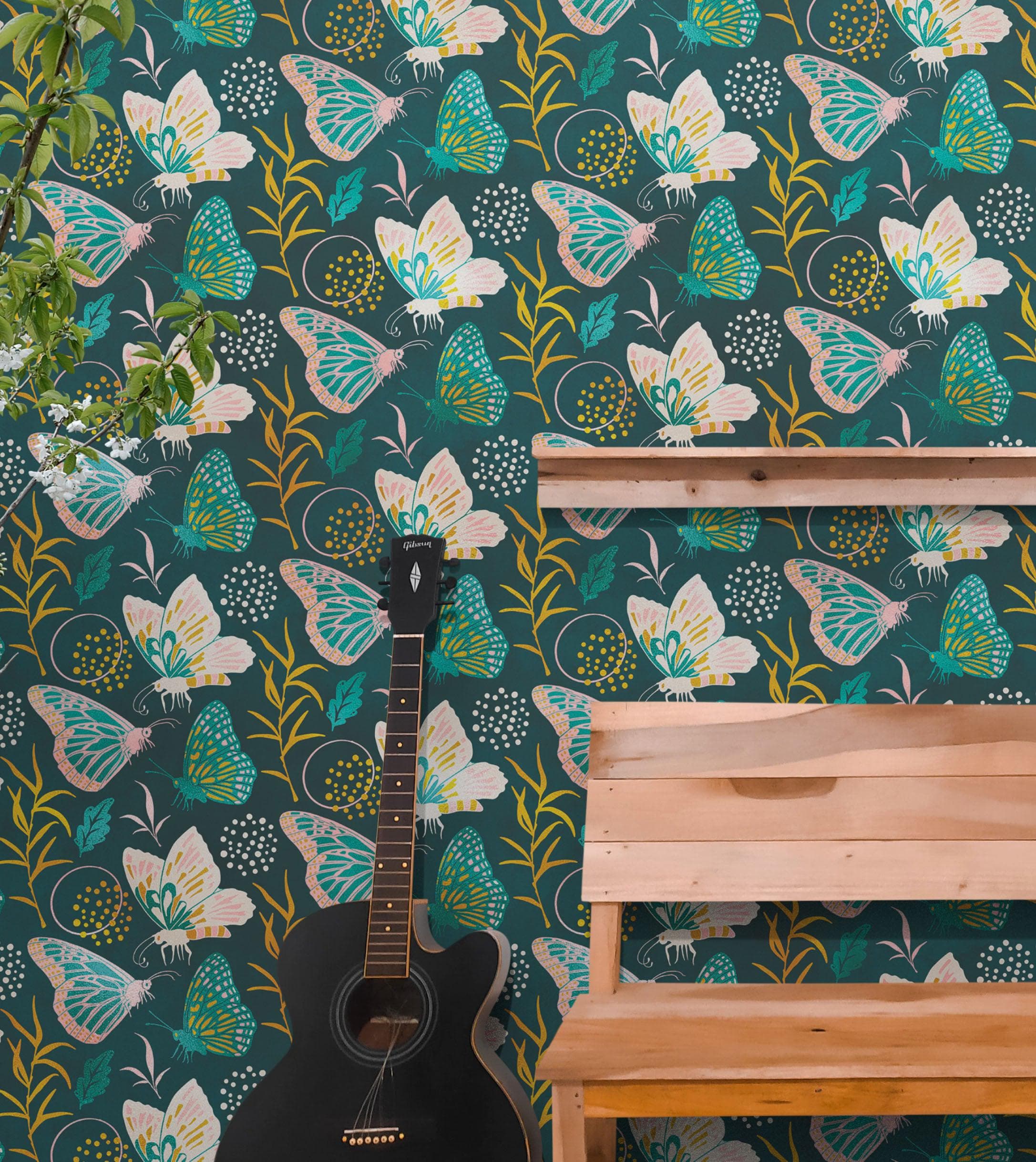 Mural de pared con estampado de mariposas. Diseño retro en colores verde y dorado. Decoración para dormitorio, guardería y hogar. N.º 6435