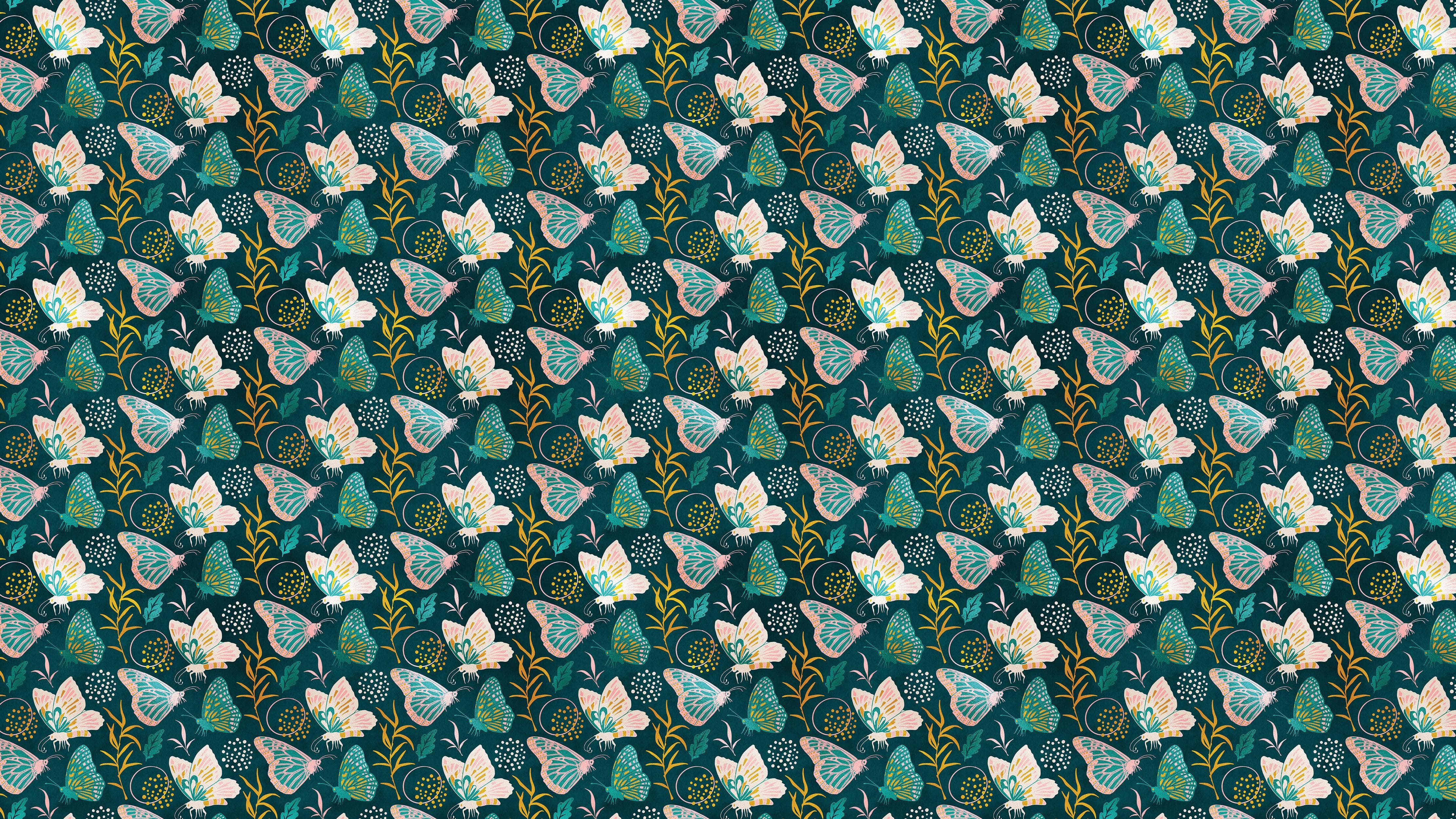 Mural de pared con estampado de mariposas. Diseño retro en colores verde y dorado. Decoración para dormitorio, guardería y hogar. N.º 6435