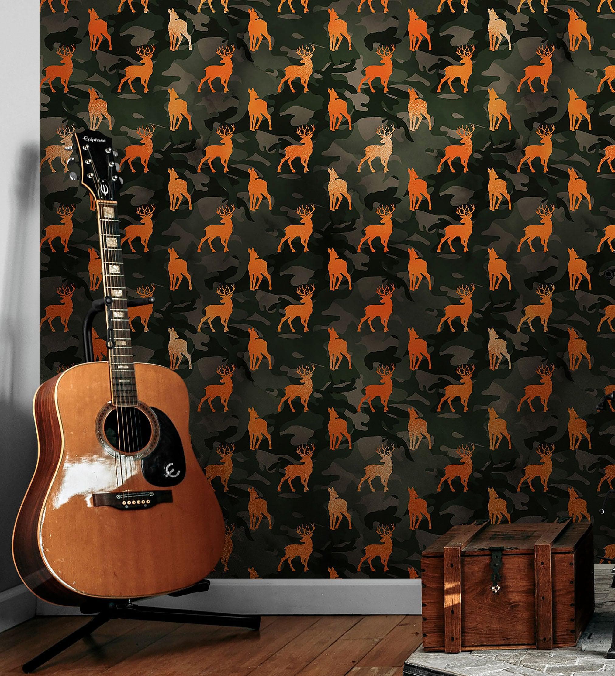 Mural de pared con silueta de ciervo y camuflaje. Decoración para el hogar con temática militar y cazadores. Papel tapiz autoadhesivo. N.º 6436