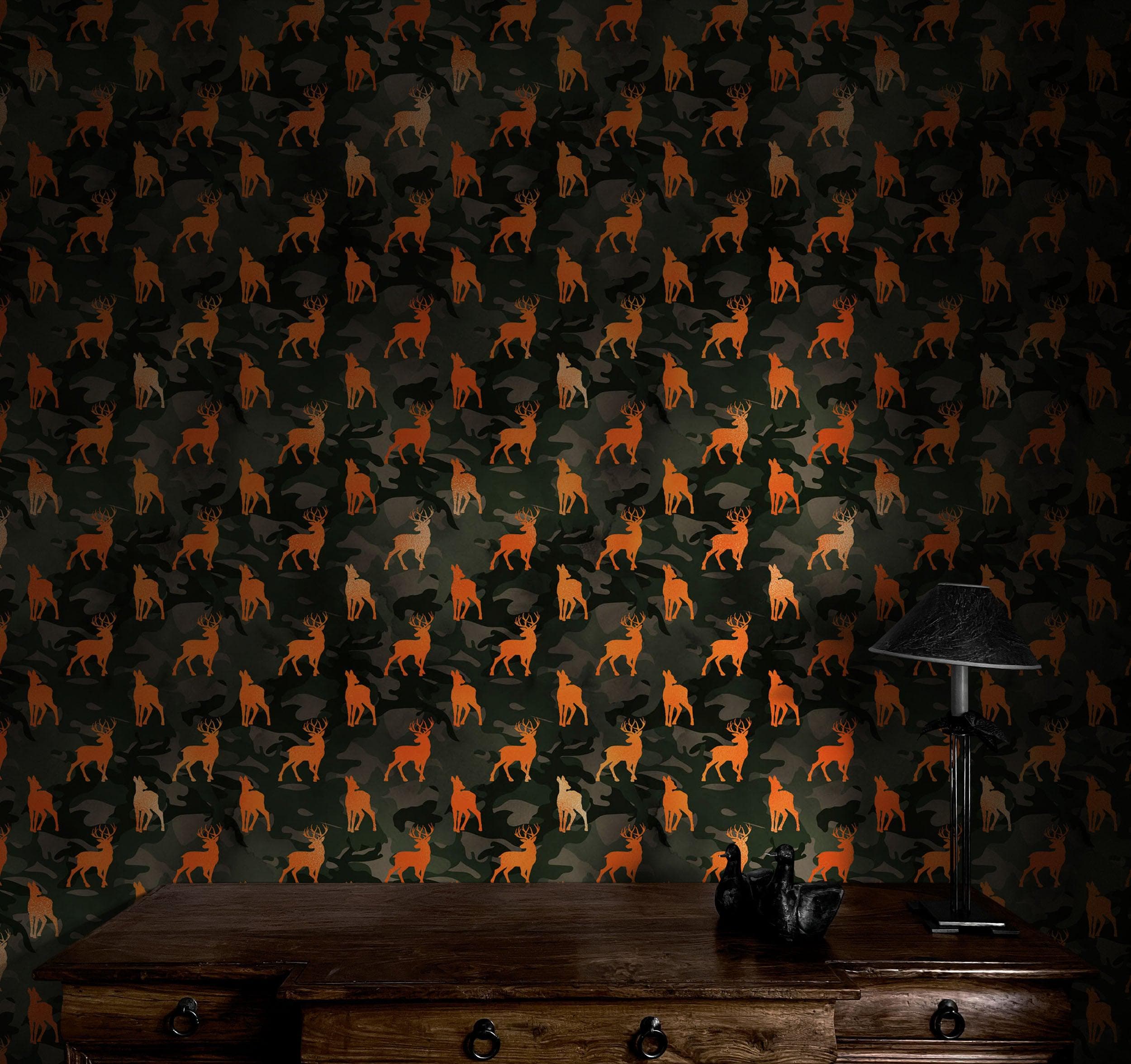 Mural de pared con silueta de ciervo y camuflaje. Decoración para el hogar con temática militar y cazadores. Papel tapiz autoadhesivo. N.º 6436