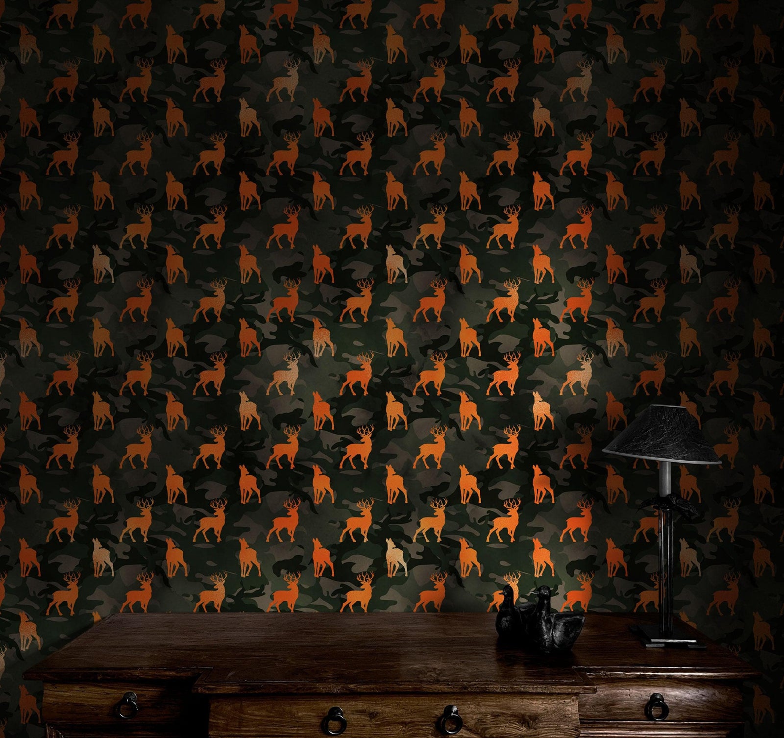 Mural de pared con silueta de ciervo y camuflaje. Decoración para el hogar con temática militar y cazadores. Papel tapiz autoadhesivo. N.º 6436