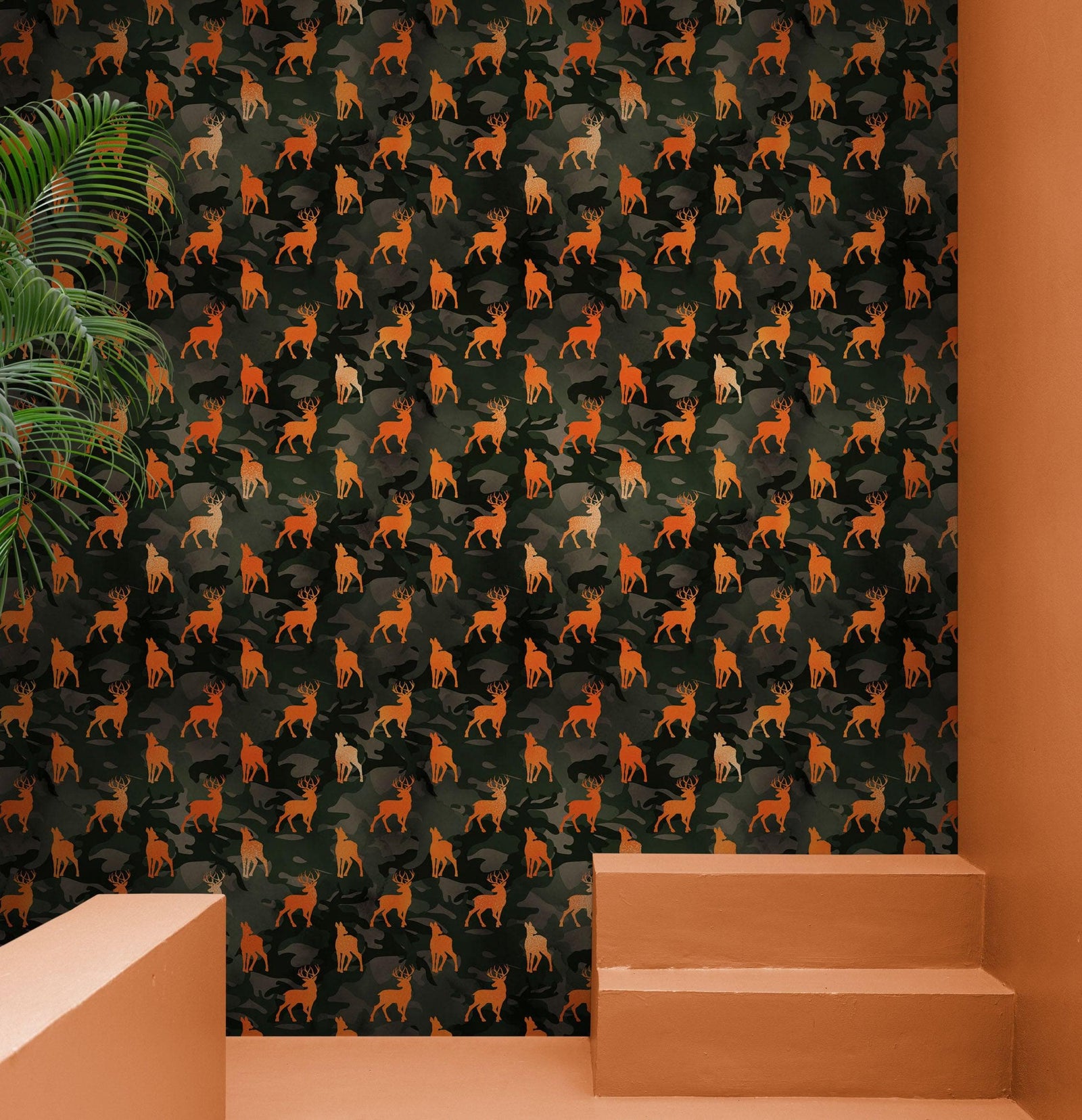 Mural de pared con silueta de ciervo y camuflaje. Decoración para el hogar con temática militar y cazadores. Papel tapiz autoadhesivo. N.º 6436