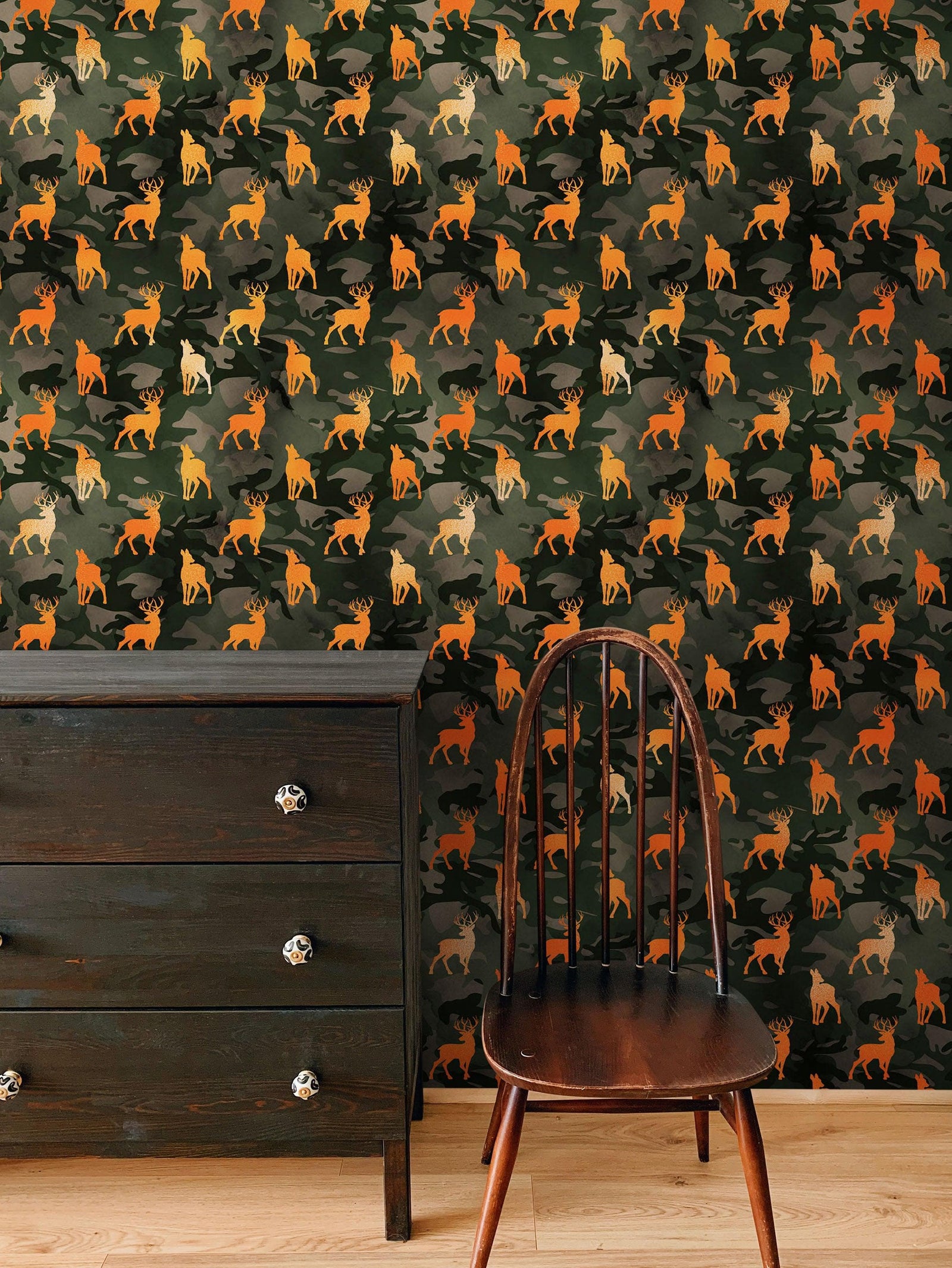 Mural de pared con silueta de ciervo y camuflaje. Decoración para el hogar con temática militar y cazadores. Papel tapiz autoadhesivo. N.º 6436