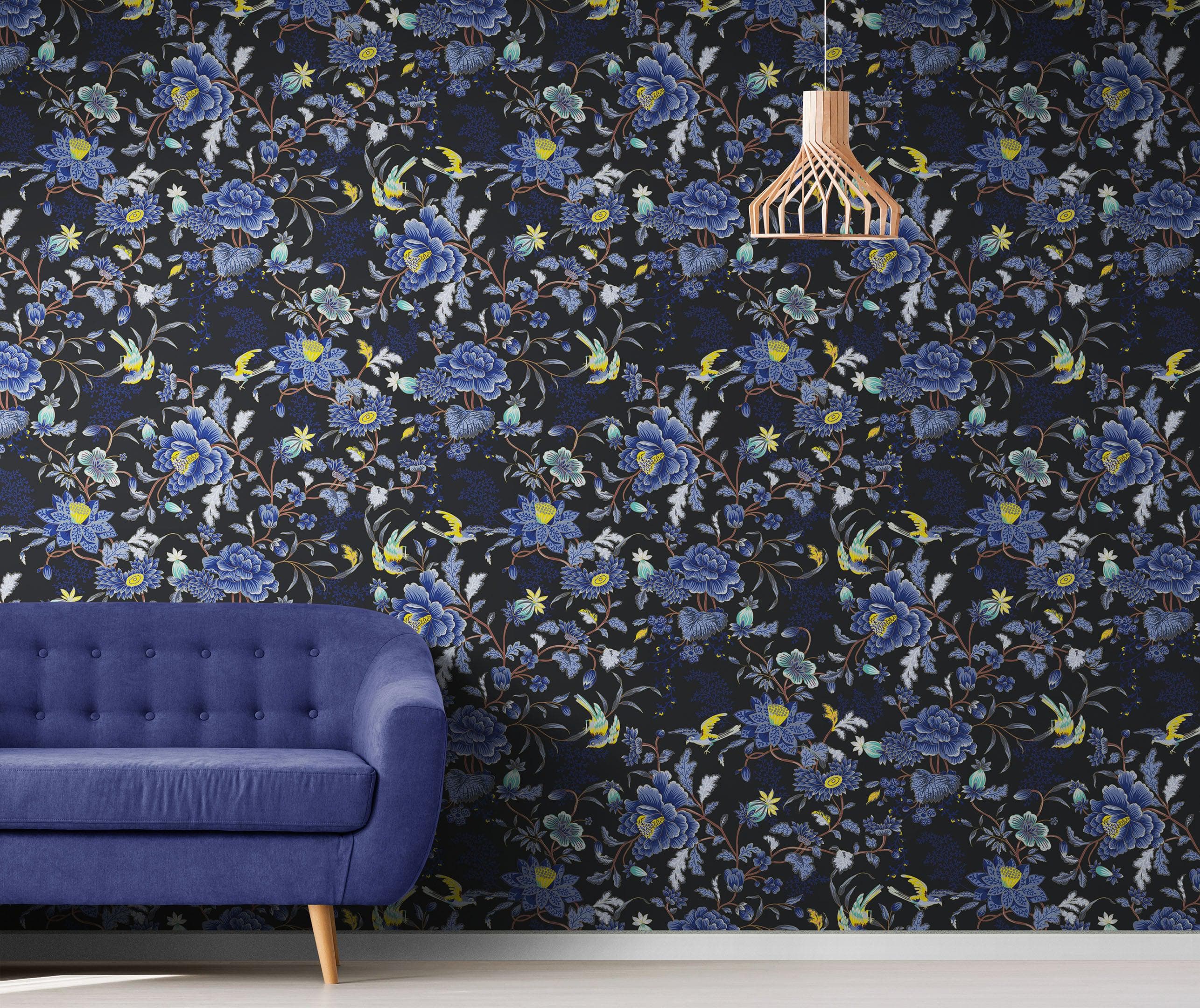 Mural de pared con estampado de flores en color azul y negro. Papel tapiz autoadhesivo con motivos florales botánicos tropicales. N.º 6437