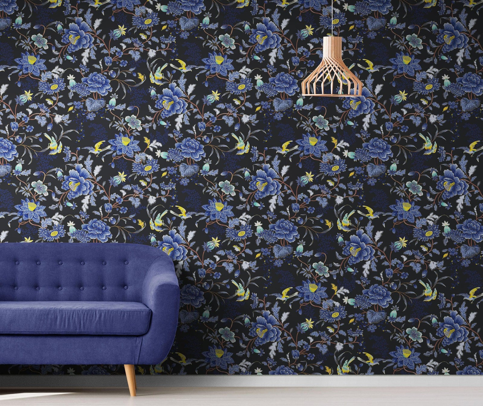 Mural de pared con estampado de flores en color azul y negro. Papel tapiz autoadhesivo con motivos florales botánicos tropicales. N.º 6437