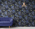 Mural de pared con estampado de flores en color azul y negro. Papel tapiz autoadhesivo con motivos florales botánicos tropicales. N.º 6437