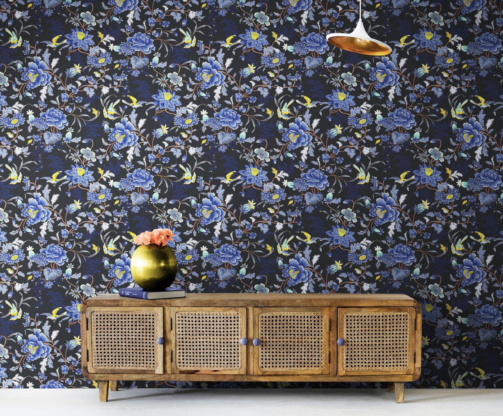 Mural de pared con estampado de flores en color azul y negro. Papel tapiz autoadhesivo con motivos florales botánicos tropicales. N.º 6437