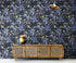 Mural de pared con estampado de flores en color azul y negro. Papel tapiz autoadhesivo con motivos florales botánicos tropicales. N.º 6437