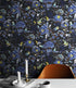 Mural de pared con estampado de flores en color azul y negro. Papel tapiz autoadhesivo con motivos florales botánicos tropicales. N.º 6437
