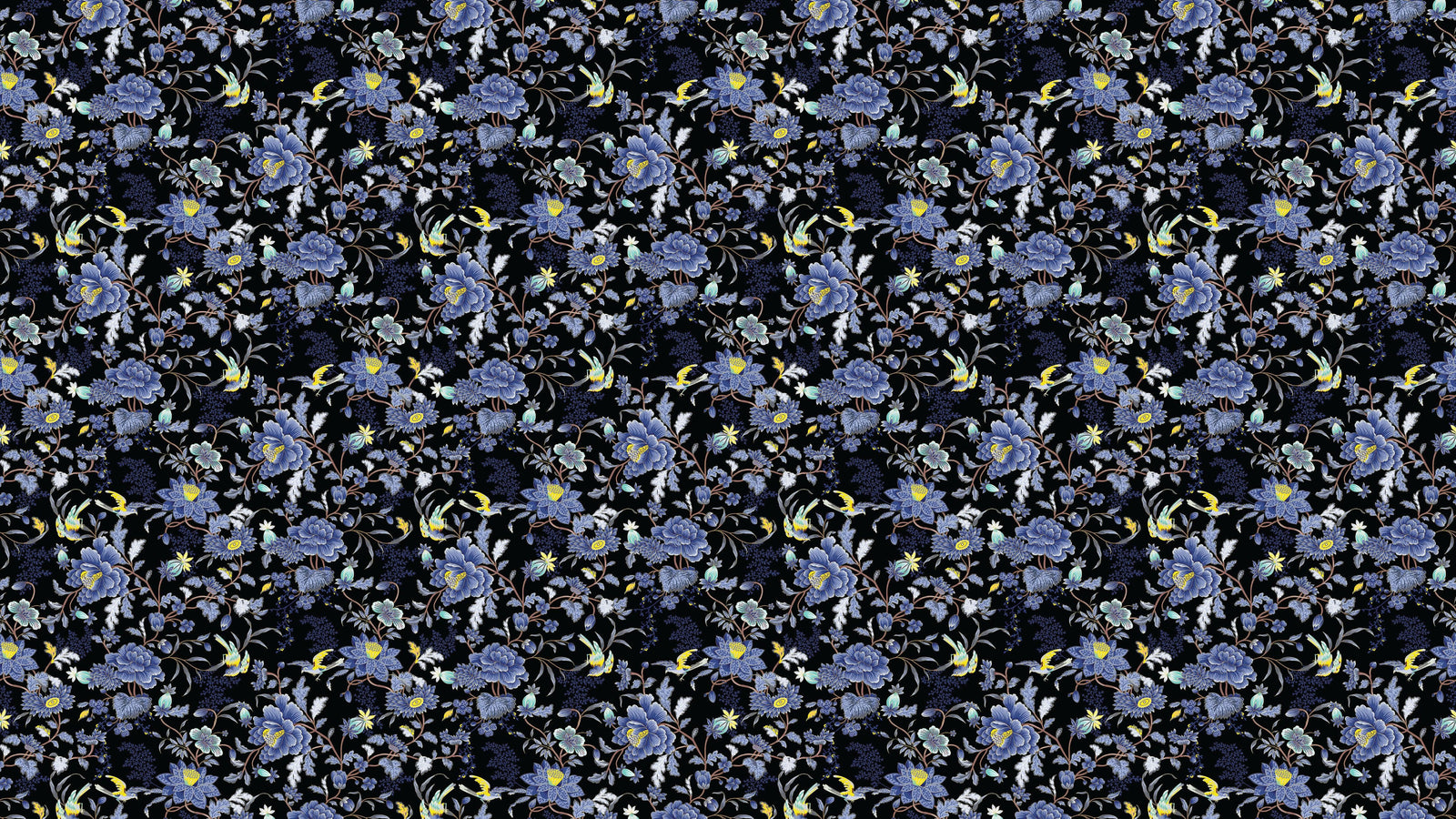 Mural de pared con estampado de flores en color azul y negro. Papel tapiz autoadhesivo con motivos florales botánicos tropicales. N.º 6437