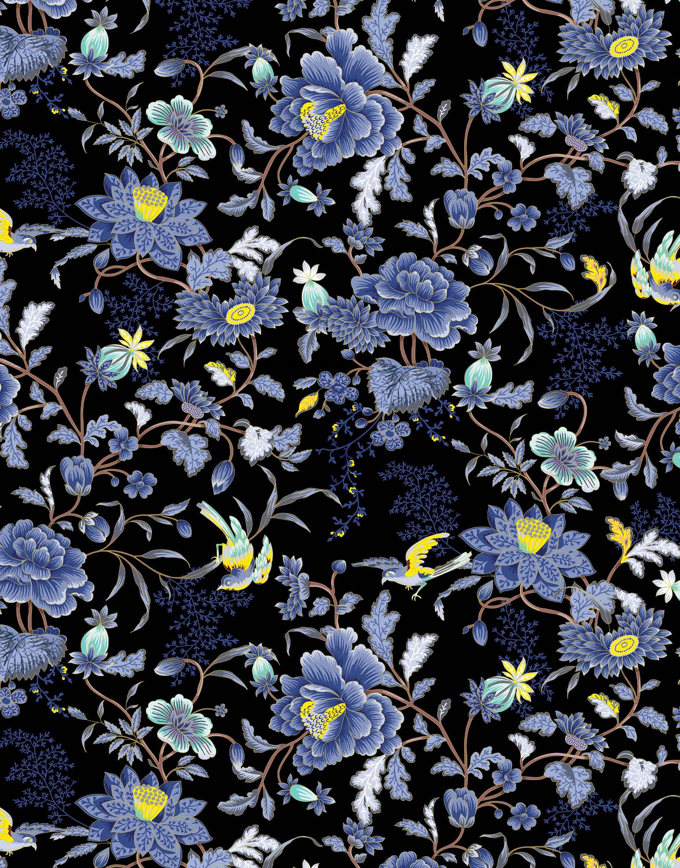 Mural de pared con estampado de flores en color azul y negro. Papel tapiz autoadhesivo con motivos florales botánicos tropicales. N.º 6437