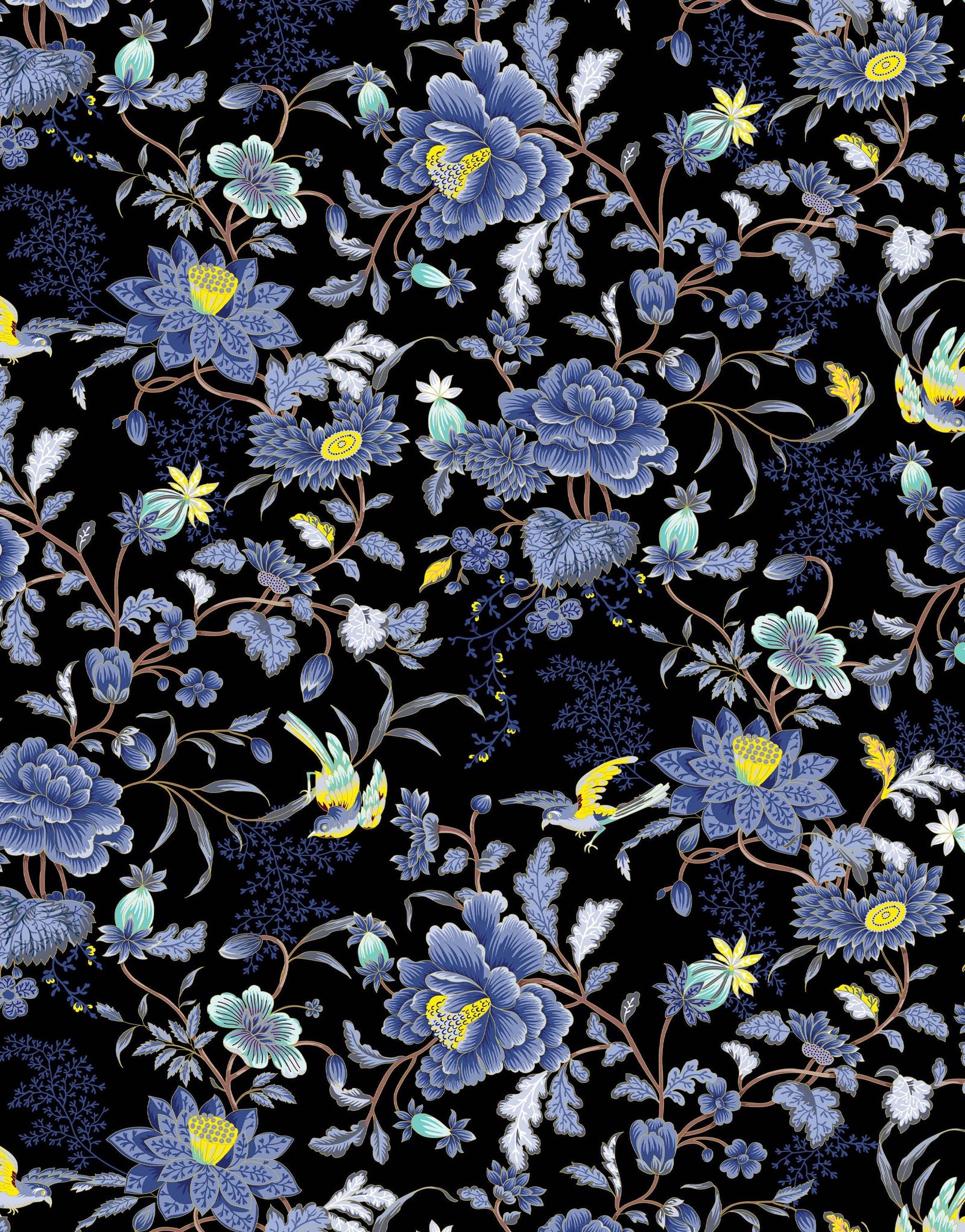 Mural de pared con estampado de flores en color azul y negro. Papel tapiz autoadhesivo con motivos florales botánicos tropicales. N.º 6437