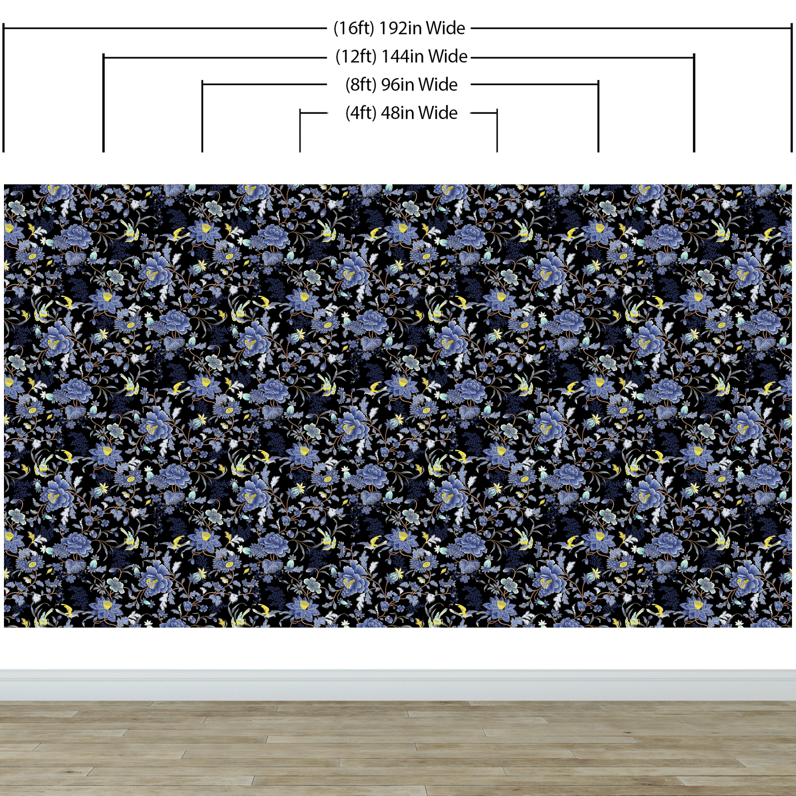 Mural de pared con estampado de flores en color azul y negro. Papel tapiz autoadhesivo con motivos florales botánicos tropicales. N.º 6437