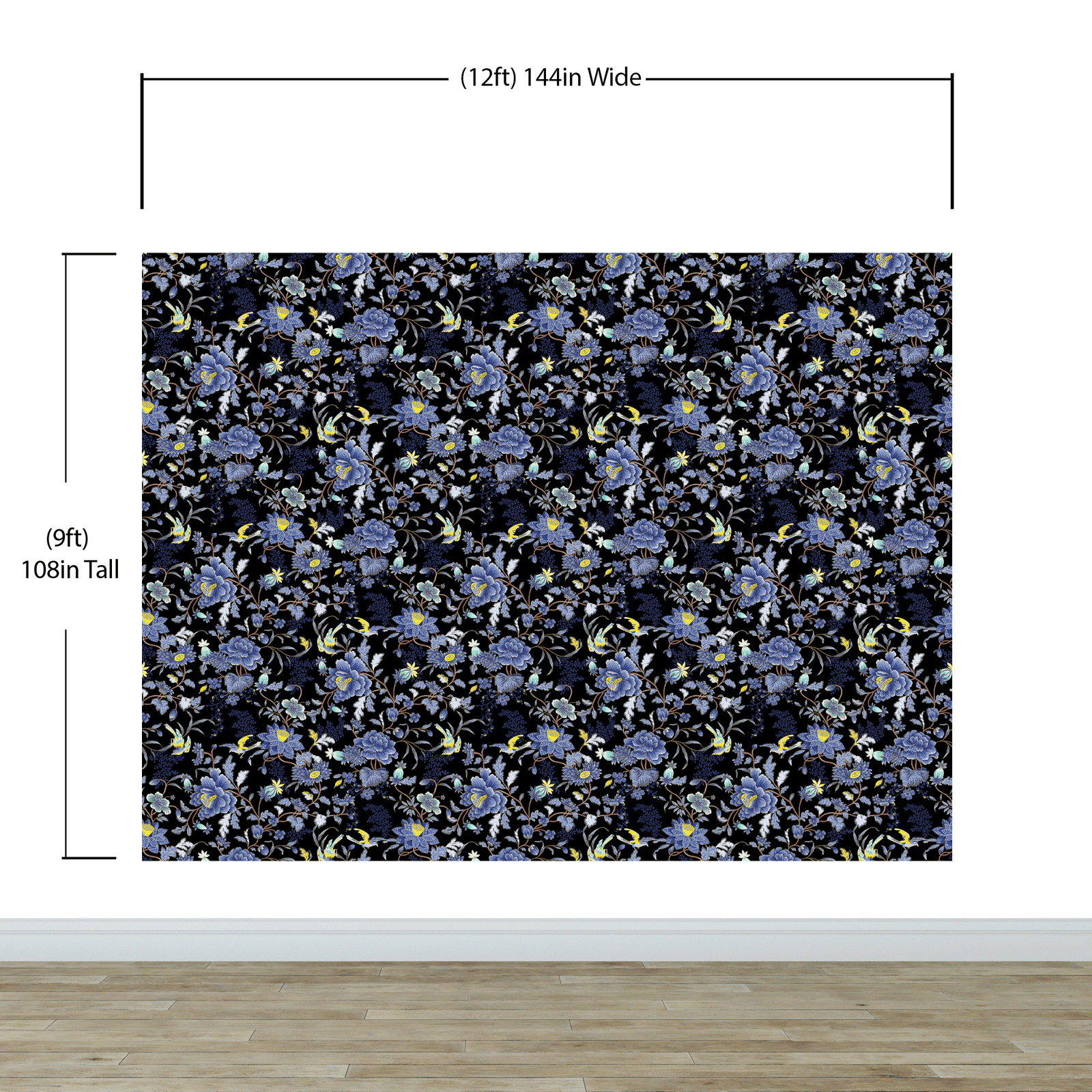 Mural de pared con estampado de flores en color azul y negro. Papel tapiz autoadhesivo con motivos florales botánicos tropicales. N.º 6437