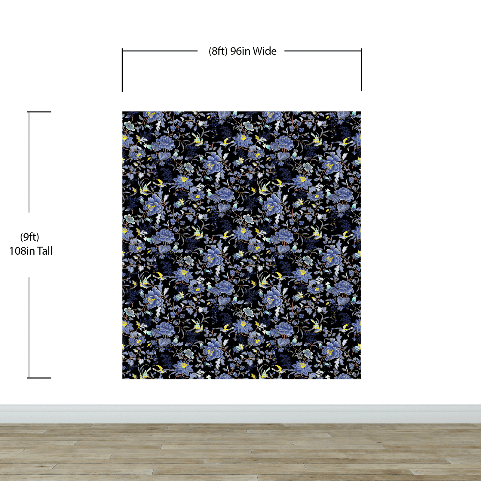 Mural de pared con estampado de flores en color azul y negro. Papel tapiz autoadhesivo con motivos florales botánicos tropicales. N.º 6437