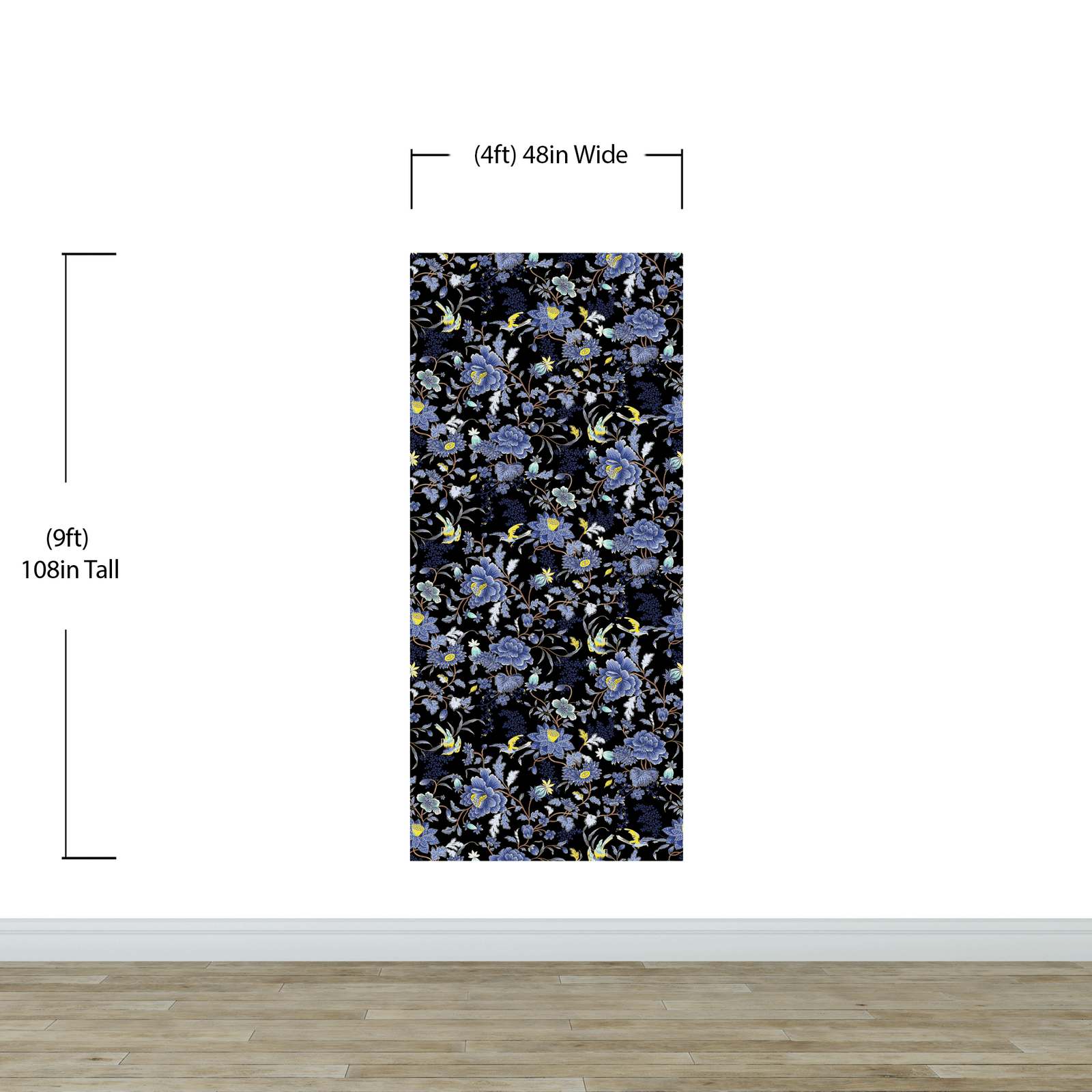 Mural de pared con estampado de flores en color azul y negro. Papel tapiz autoadhesivo con motivos florales botánicos tropicales. N.º 6437