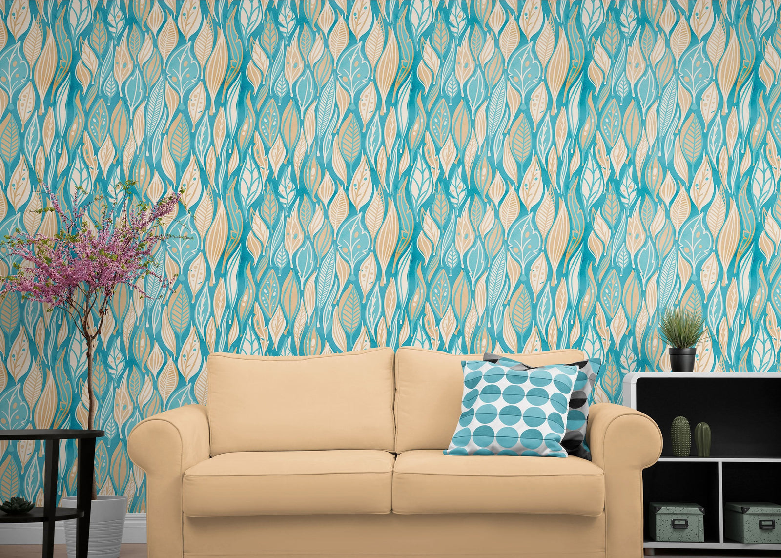 Mural de pared con estampado de hojas de otoño en color verde azulado. Ilustración retro con estampado de follaje. N.º 6438