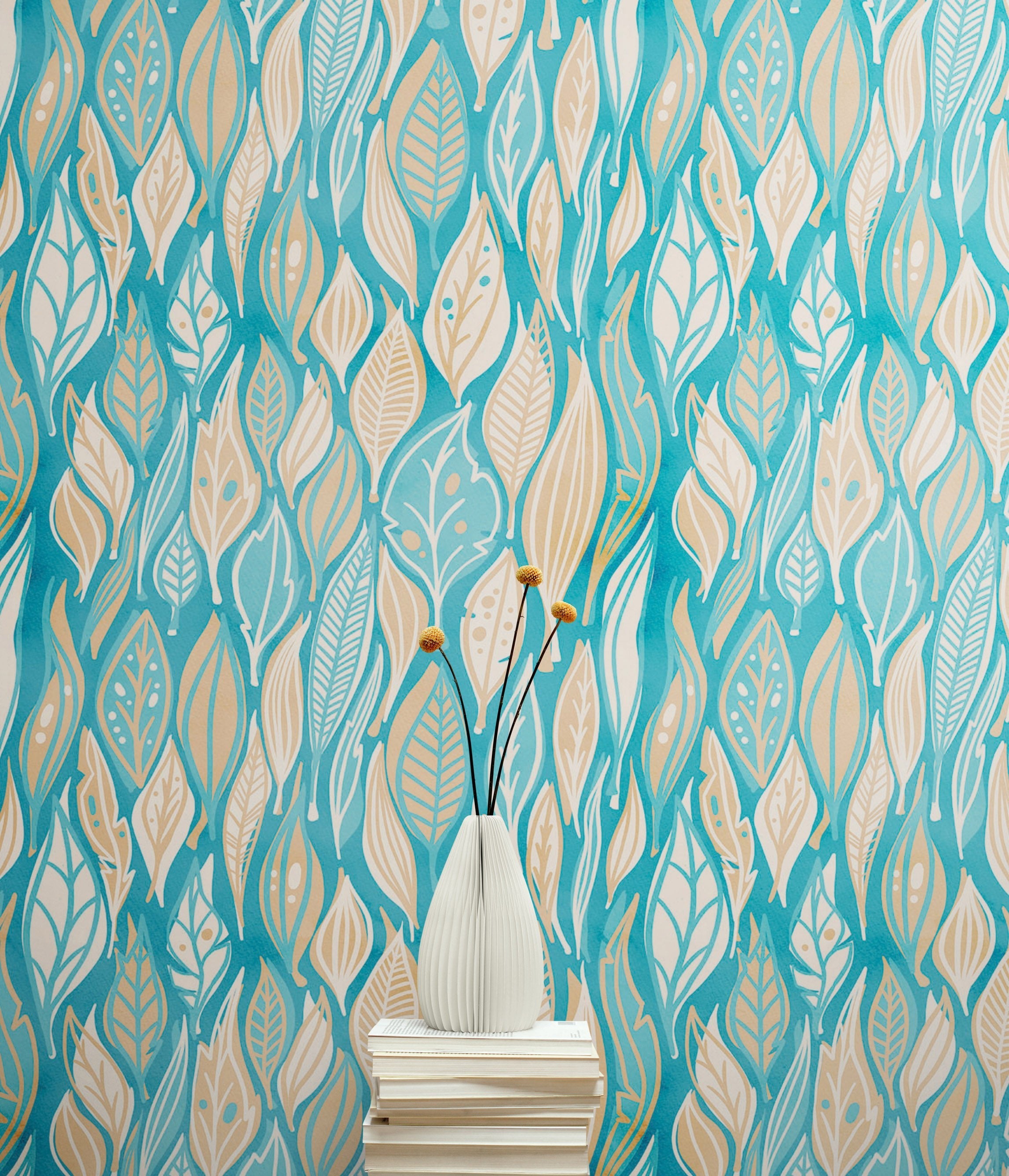 Mural de pared con estampado de hojas de otoño en color verde azulado. Ilustración retro con estampado de follaje. N.º 6438