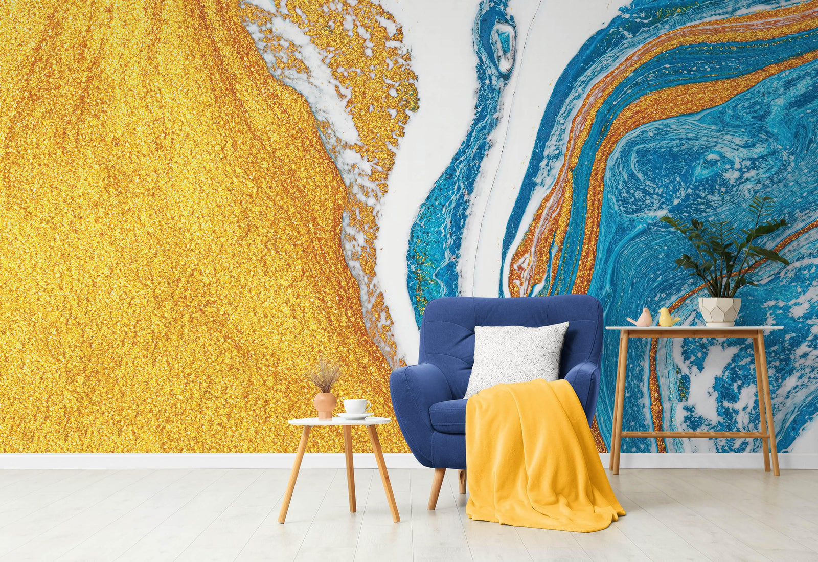 Mural abstracto con patrón de manchas de tinta de colores brillantes. Dorado, blanco y azul. #6439 