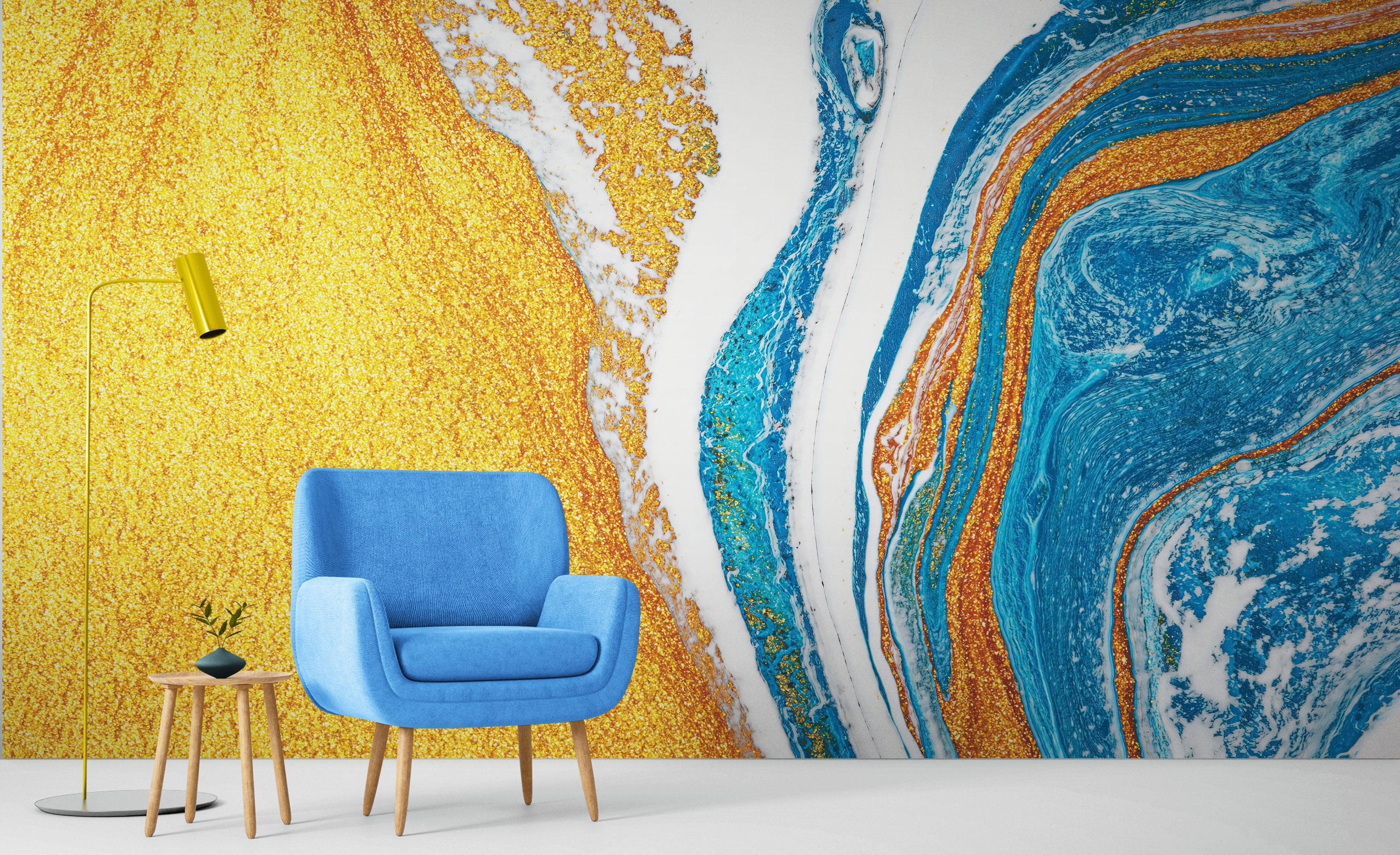 Mural abstracto con patrón de manchas de tinta de colores brillantes. Dorado, blanco y azul. #6439 