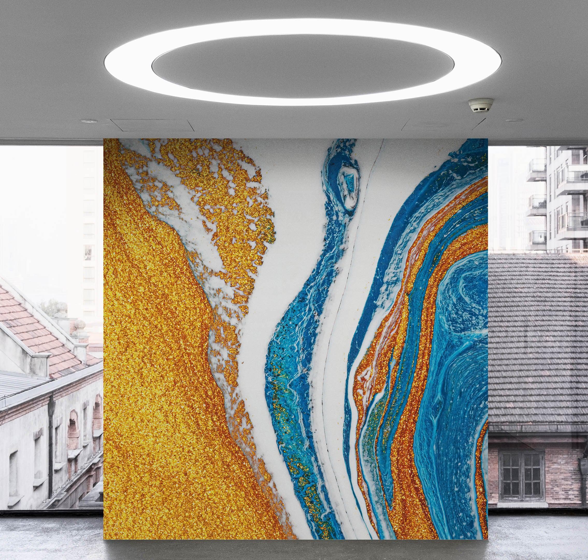 Mural abstracto con patrón de manchas de tinta de colores brillantes. Dorado, blanco y azul. #6439 
